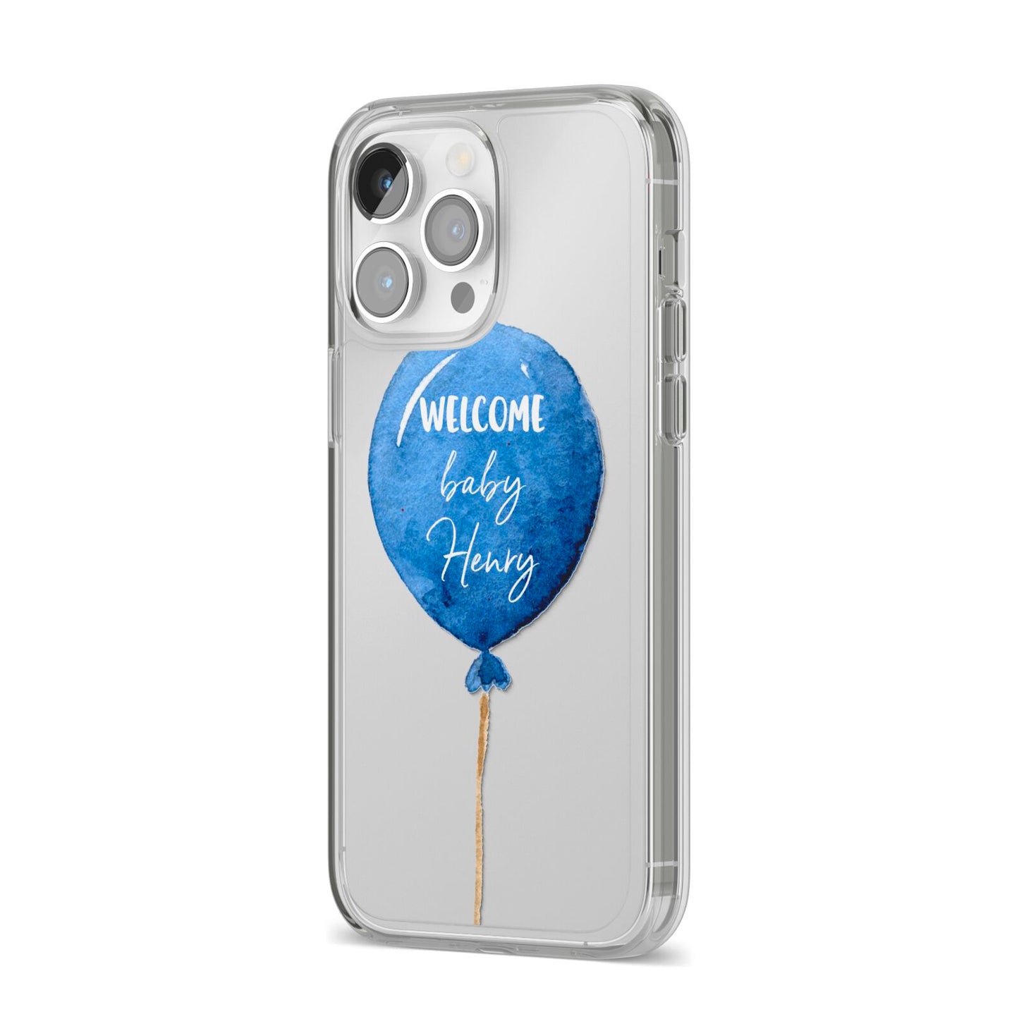 Welcome Baby Boy Balloon iPhone 14 Pro Max Clear Tough Case Silver Angled Image