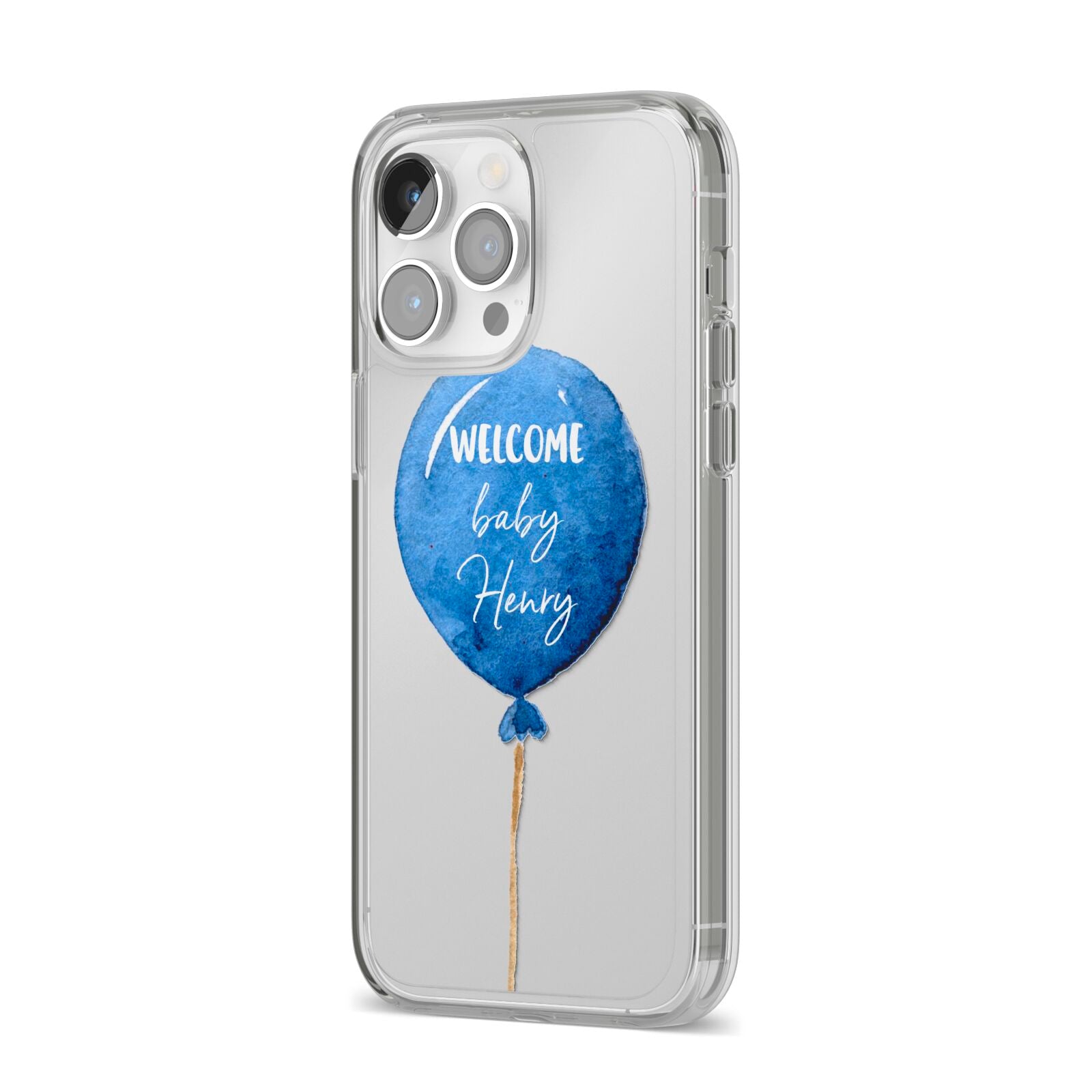 Welcome Baby Boy Balloon iPhone 14 Pro Max Clear Tough Case Silver Angled Image