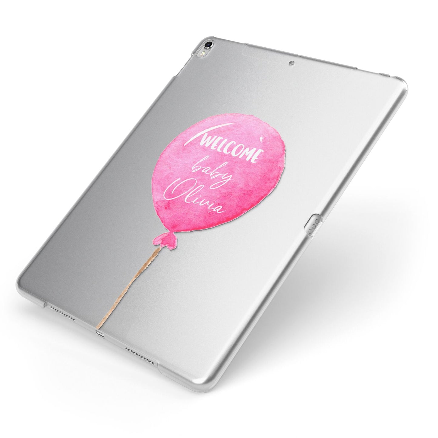 Welcome Baby Girl Balloon Apple iPad Case on Silver iPad Side View