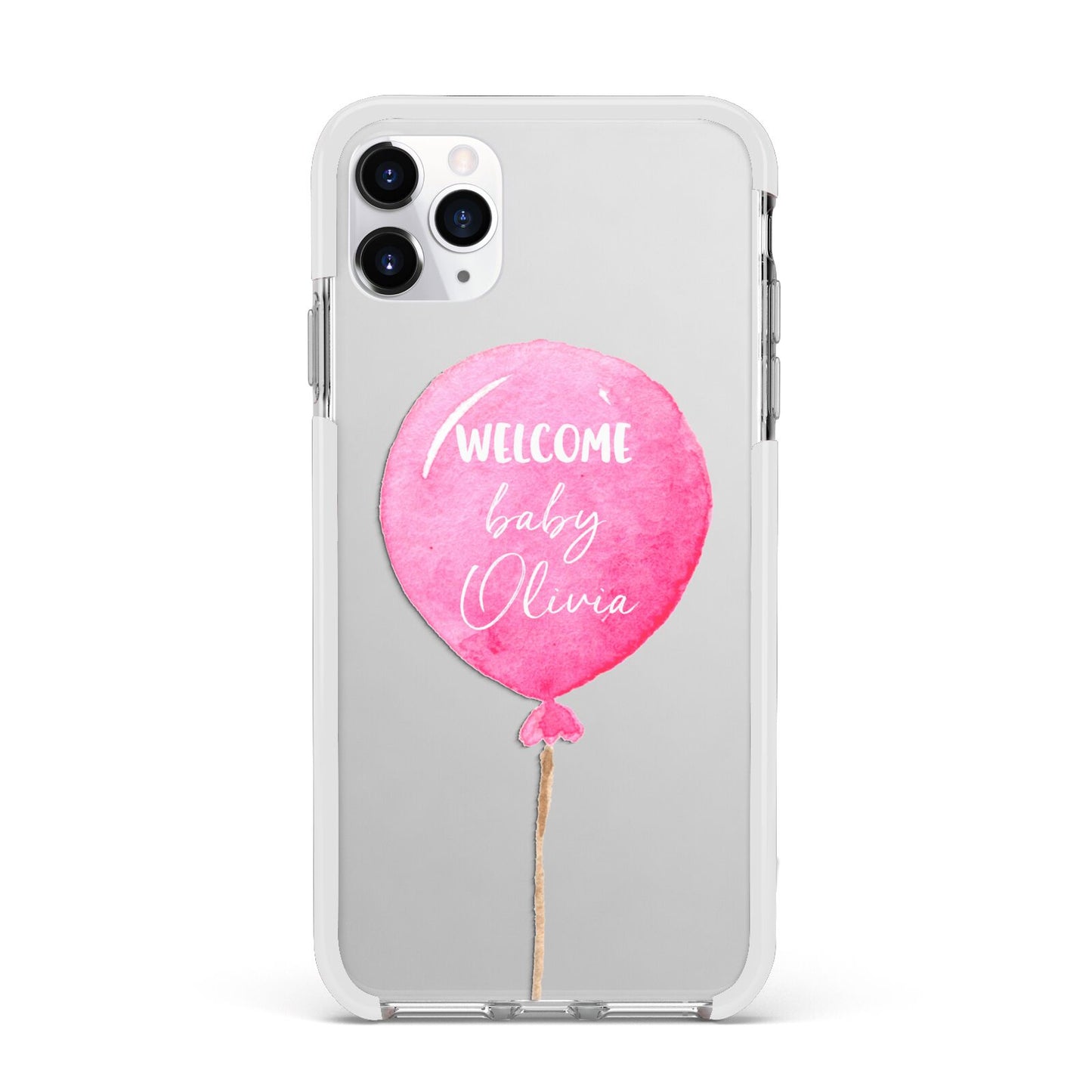 Welcome Baby Girl Balloon Apple iPhone 11 Pro Max in Silver with White Impact Case