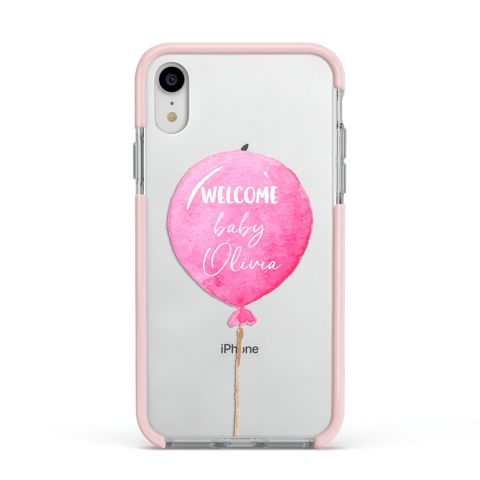 Welcome Baby Girl Balloon Apple iPhone XR Impact Case Pink Edge on Silver Phone