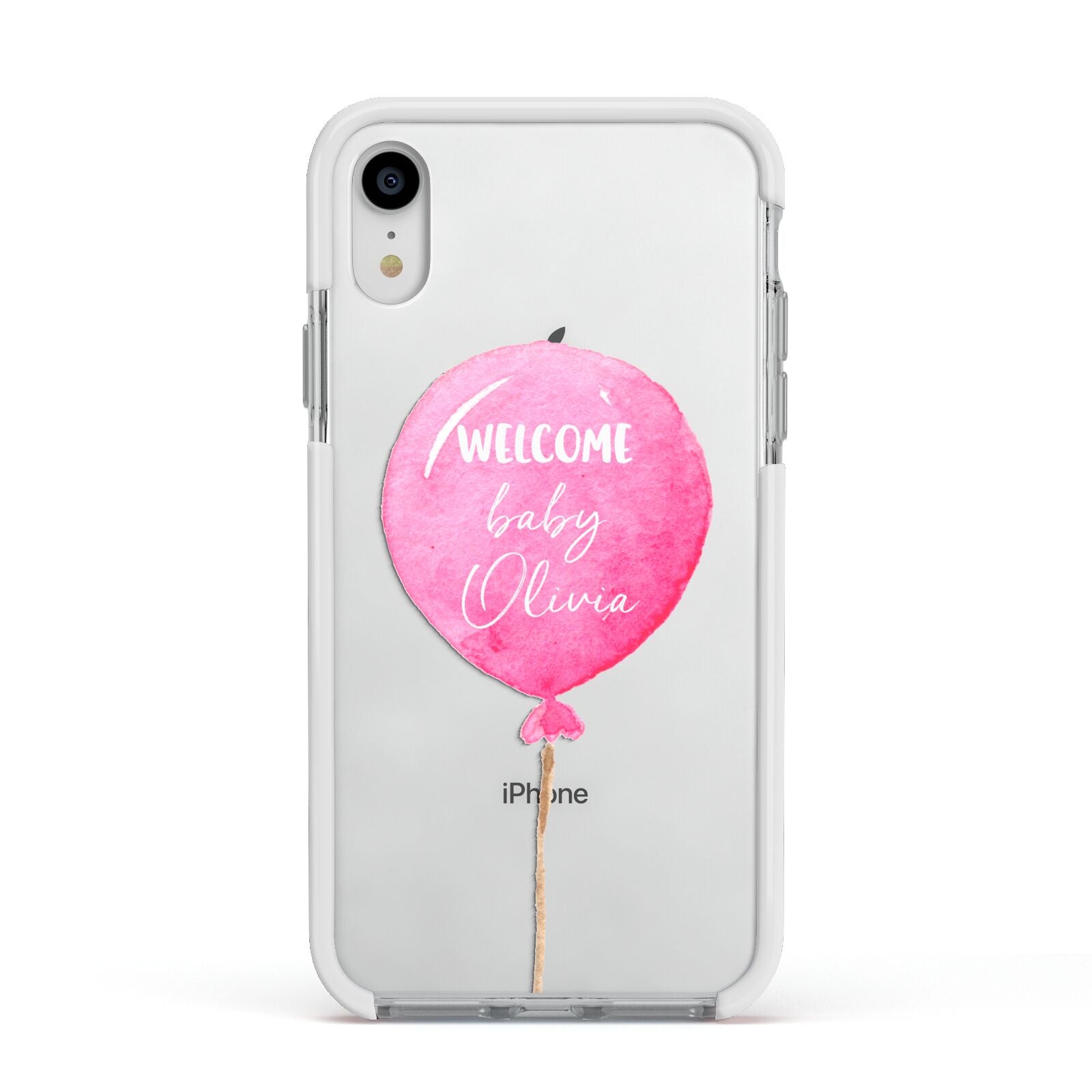 Welcome Baby Girl Balloon Apple iPhone XR Impact Case White Edge on Silver Phone