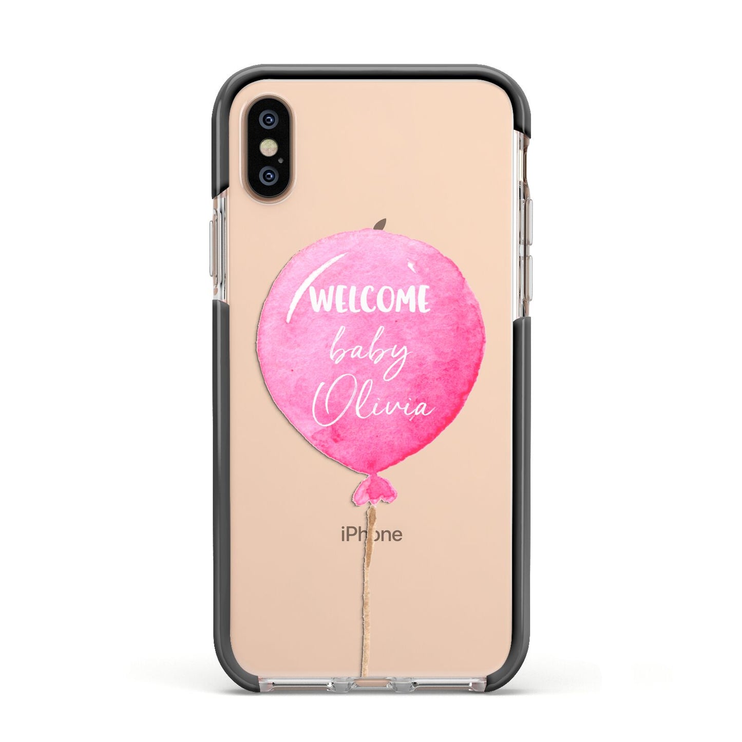 Welcome Baby Girl Balloon Apple iPhone Xs Impact Case Black Edge on Gold Phone