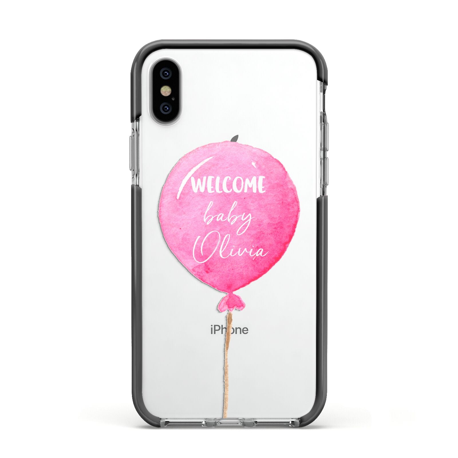 Welcome Baby Girl Balloon Apple iPhone Xs Impact Case Black Edge on Silver Phone