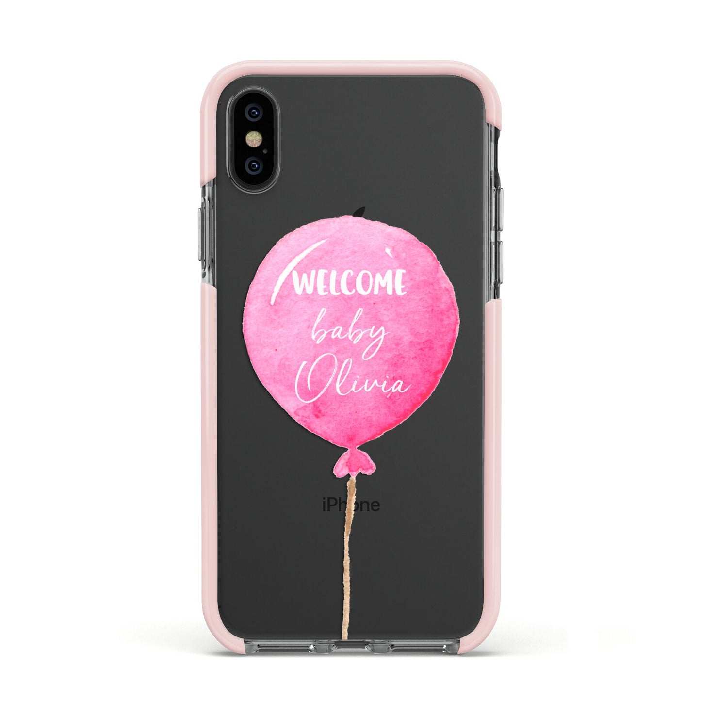 Welcome Baby Girl Balloon Apple iPhone Xs Impact Case Pink Edge on Black Phone