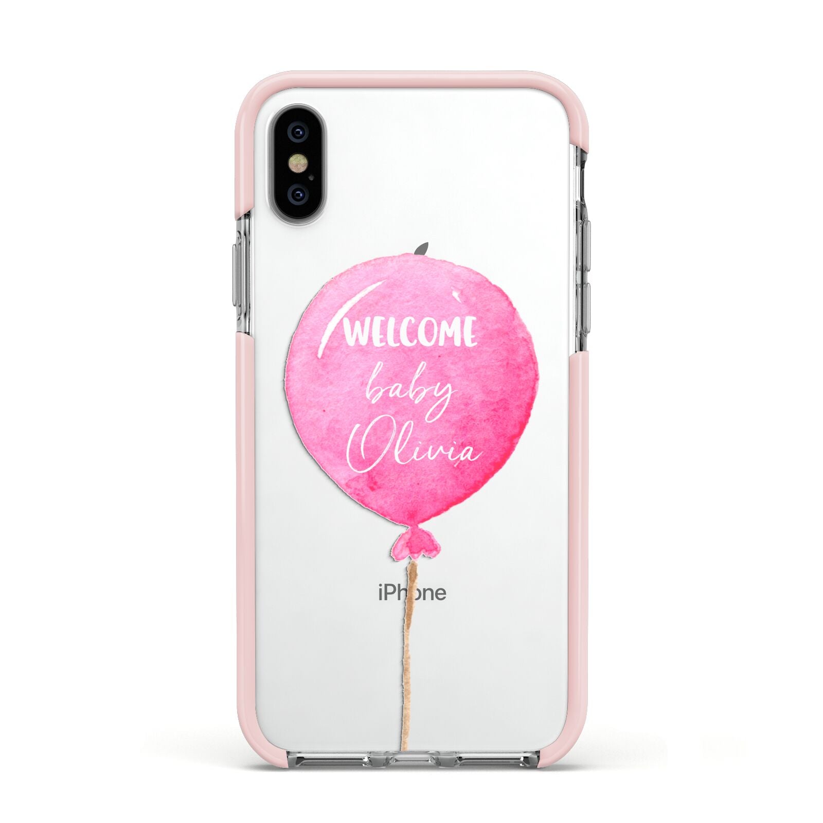 Welcome Baby Girl Balloon Apple iPhone Xs Impact Case Pink Edge on Silver Phone