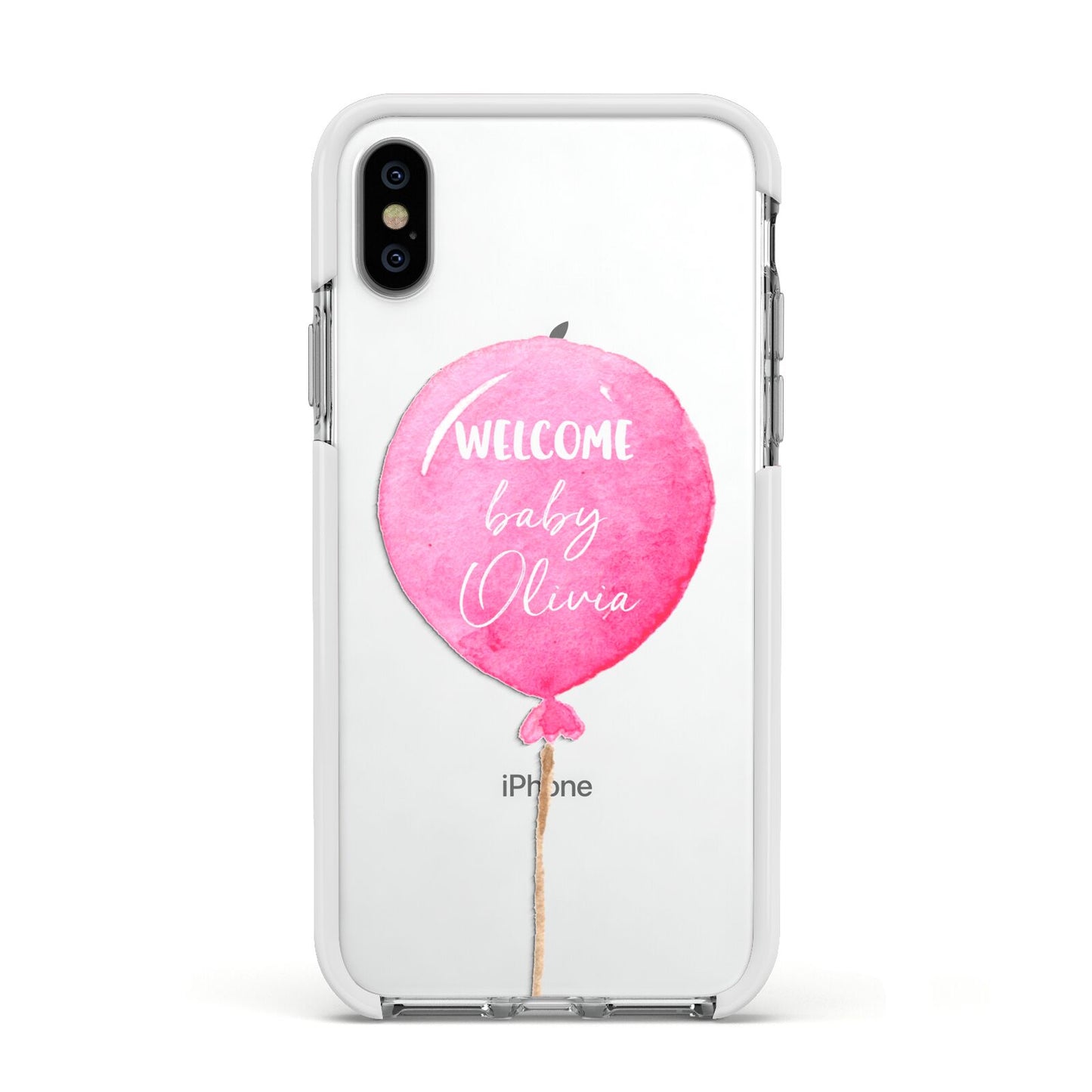 Welcome Baby Girl Balloon Apple iPhone Xs Impact Case White Edge on Silver Phone