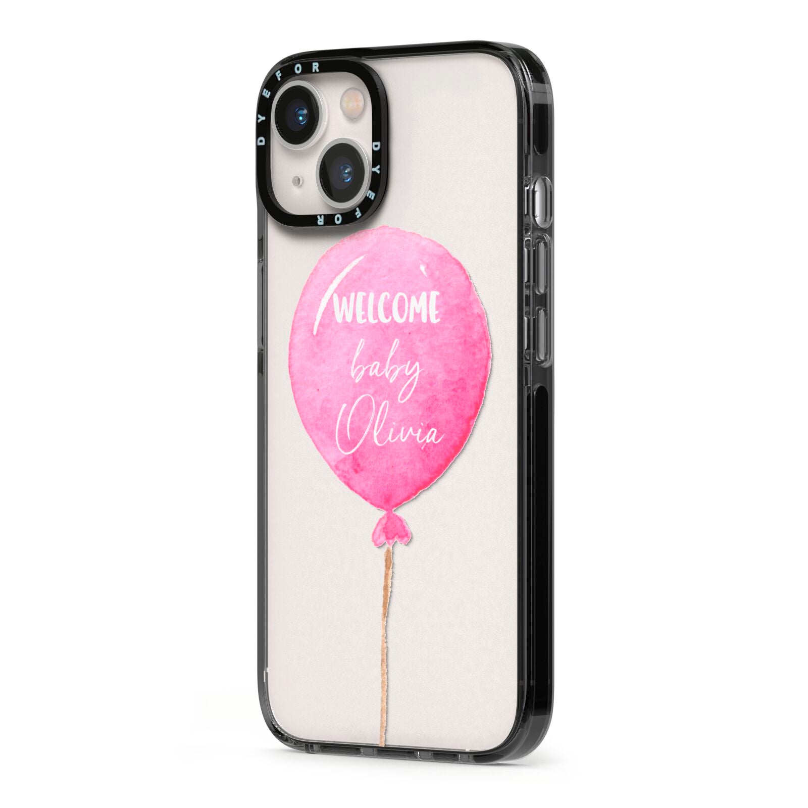 Welcome Baby Girl Balloon iPhone 13 Black Impact Case Side Angle on Silver phone