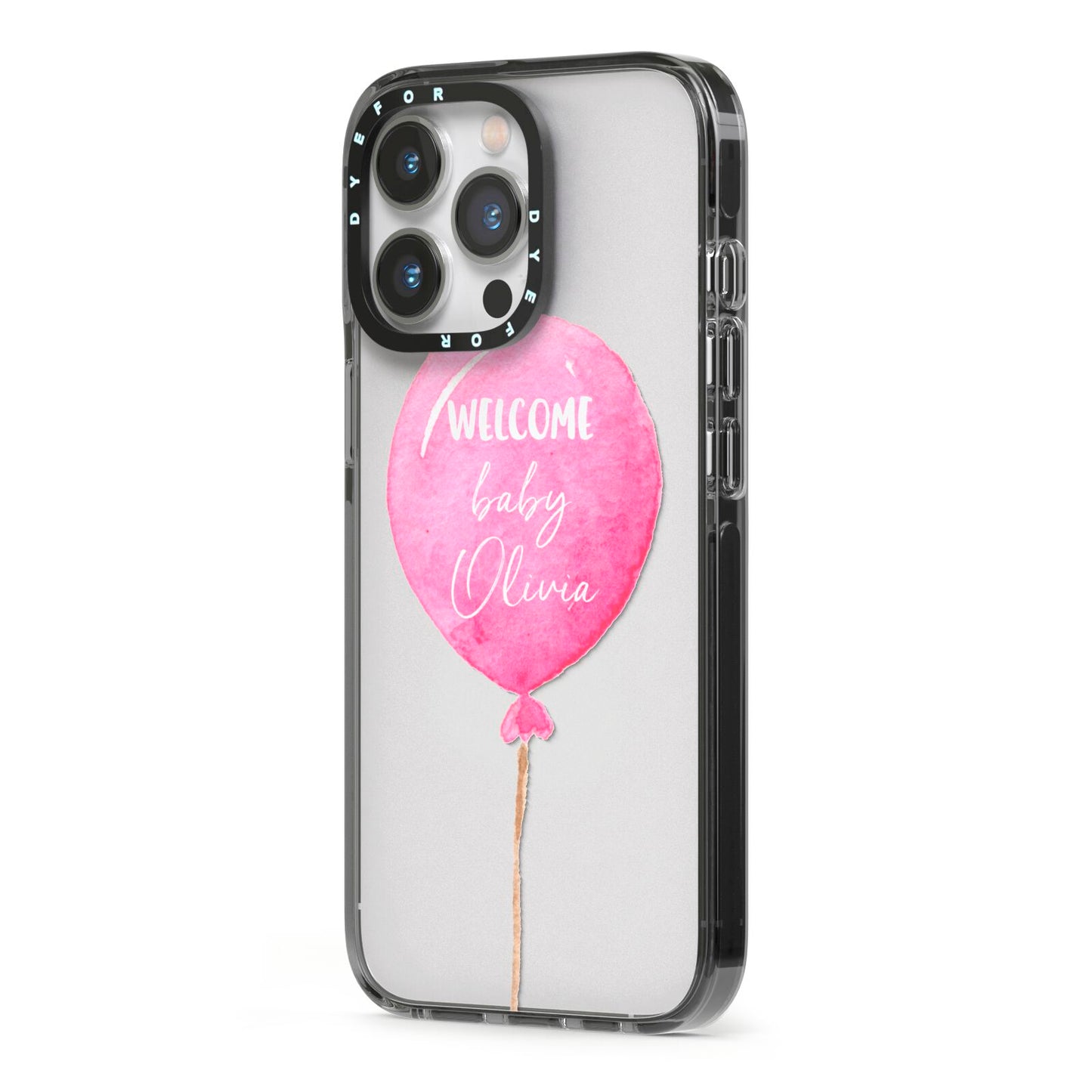 Welcome Baby Girl Balloon iPhone 13 Pro Black Impact Case Side Angle on Silver phone