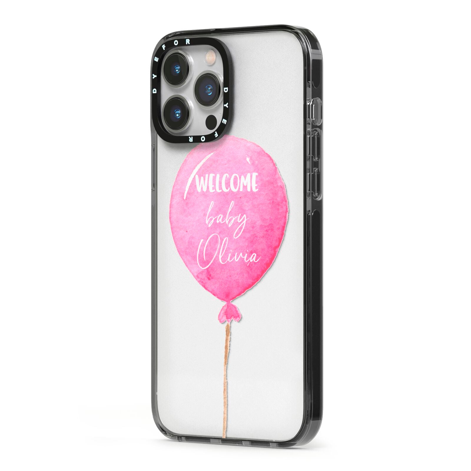 Welcome Baby Girl Balloon iPhone 13 Pro Max Black Impact Case Side Angle on Silver phone