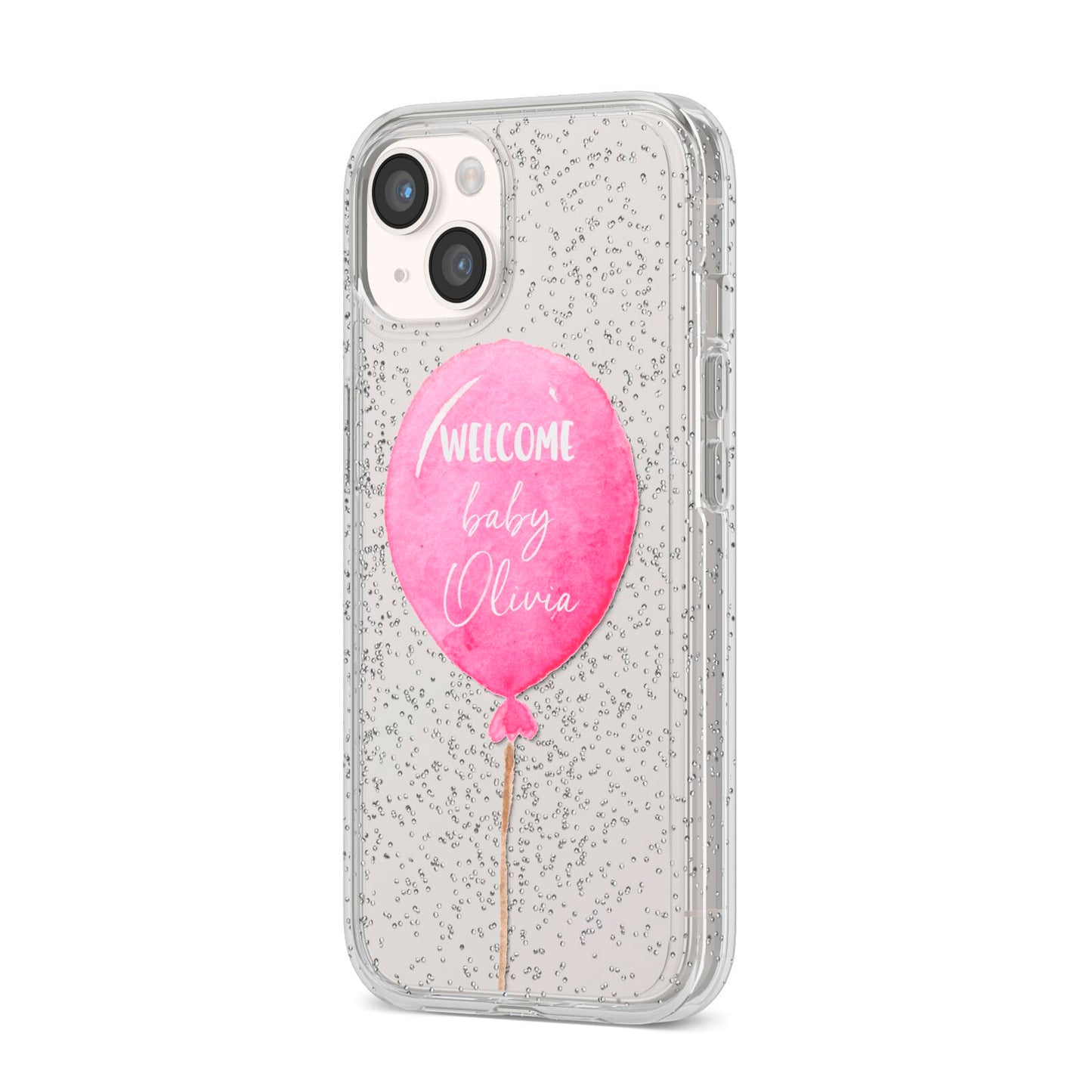 Welcome Baby Girl Balloon iPhone 14 Glitter Tough Case Starlight Angled Image