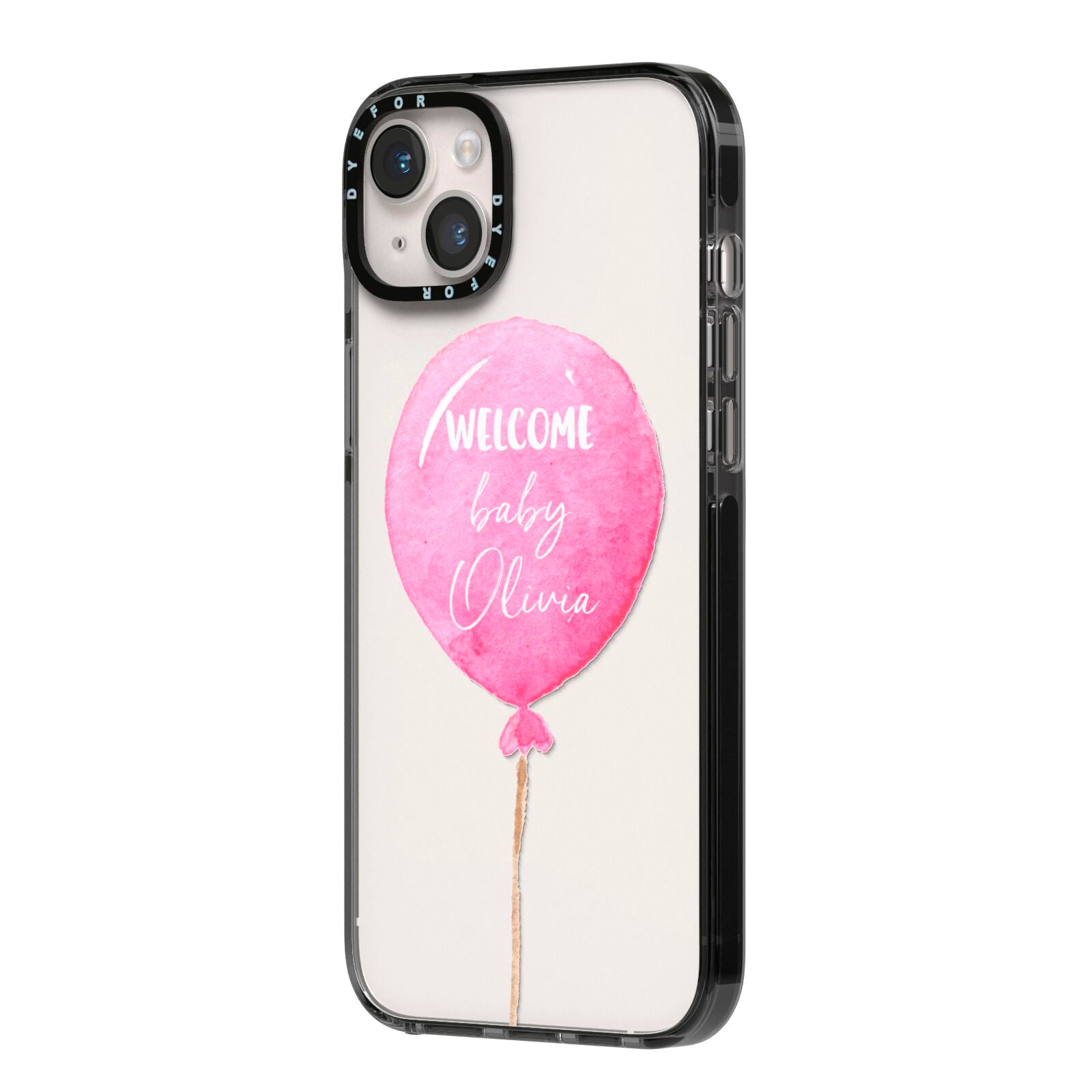 Welcome Baby Girl Balloon iPhone 14 Plus Black Impact Case Side Angle on Silver phone