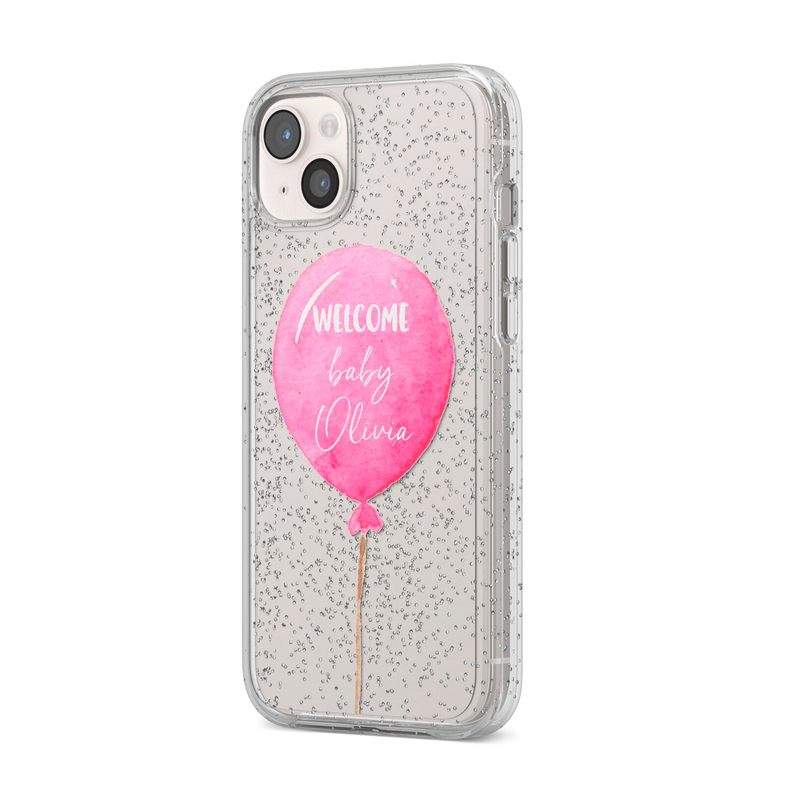 Welcome Baby Girl Balloon iPhone 14 Plus Glitter Tough Case Starlight Angled Image