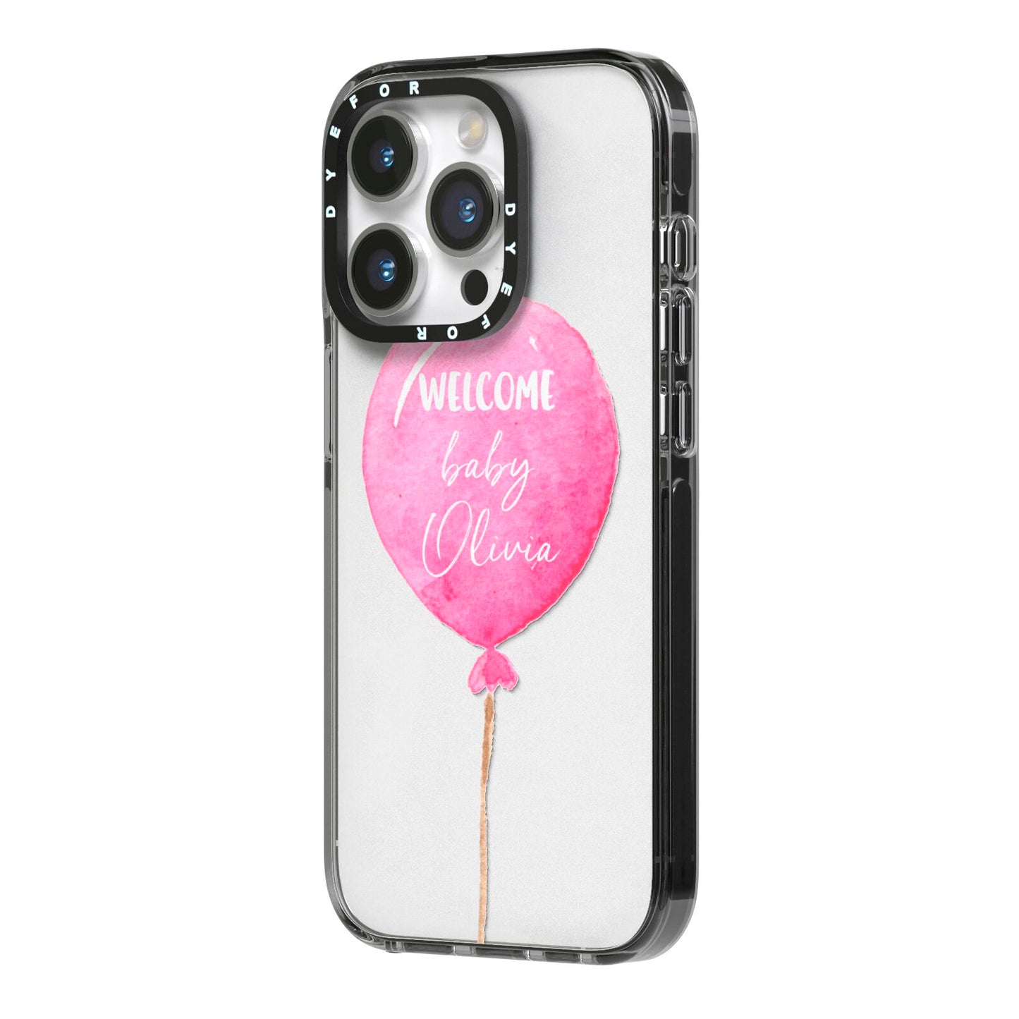 Welcome Baby Girl Balloon iPhone 14 Pro Black Impact Case Side Angle on Silver phone