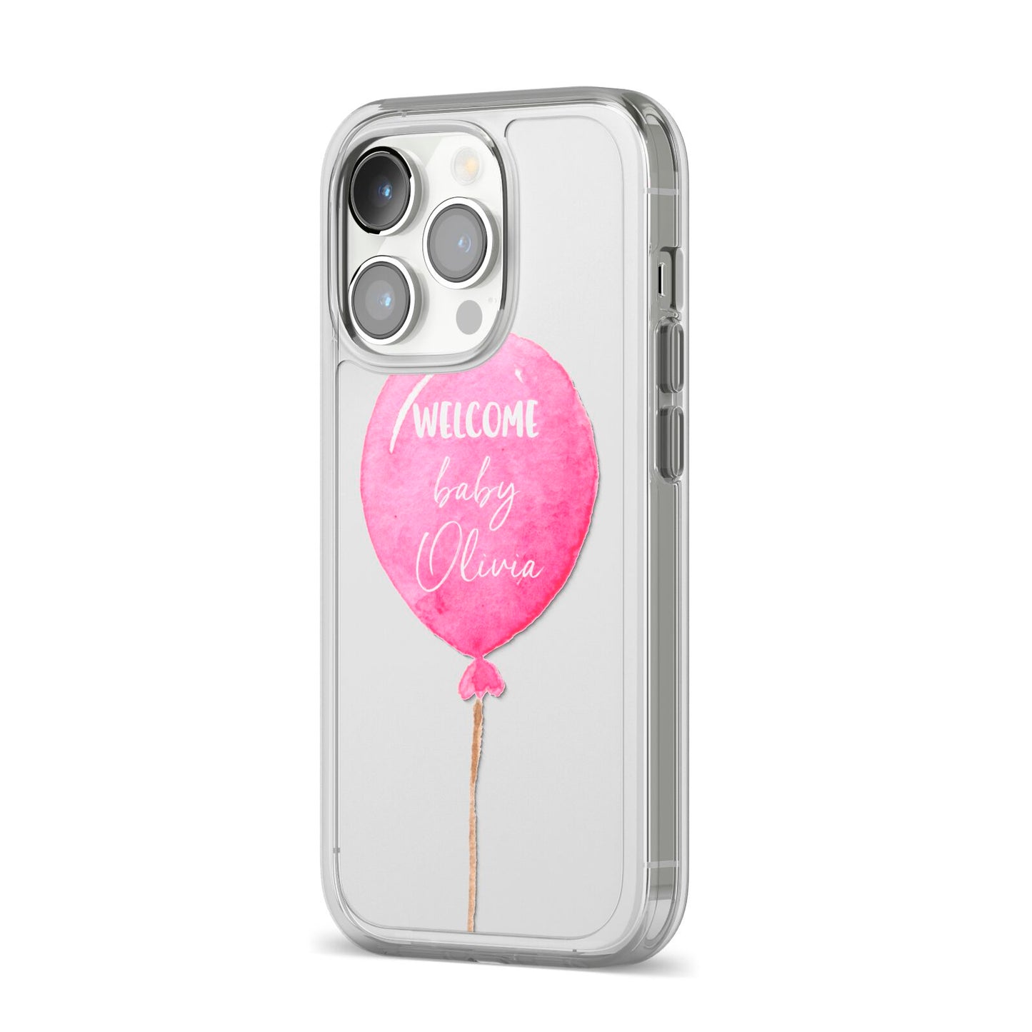 Welcome Baby Girl Balloon iPhone 14 Pro Clear Tough Case Silver Angled Image