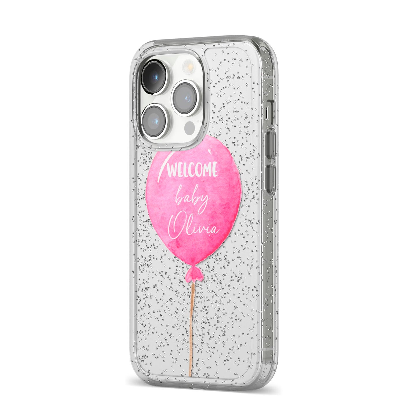 Welcome Baby Girl Balloon iPhone 14 Pro Glitter Tough Case Silver Angled Image