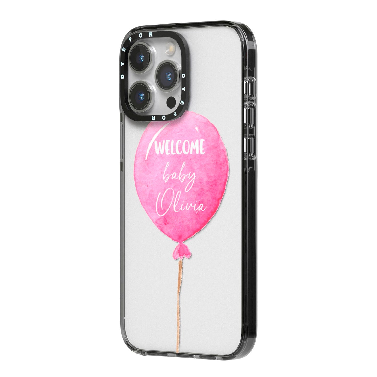 Welcome Baby Girl Balloon iPhone 14 Pro Max Black Impact Case Side Angle on Silver phone