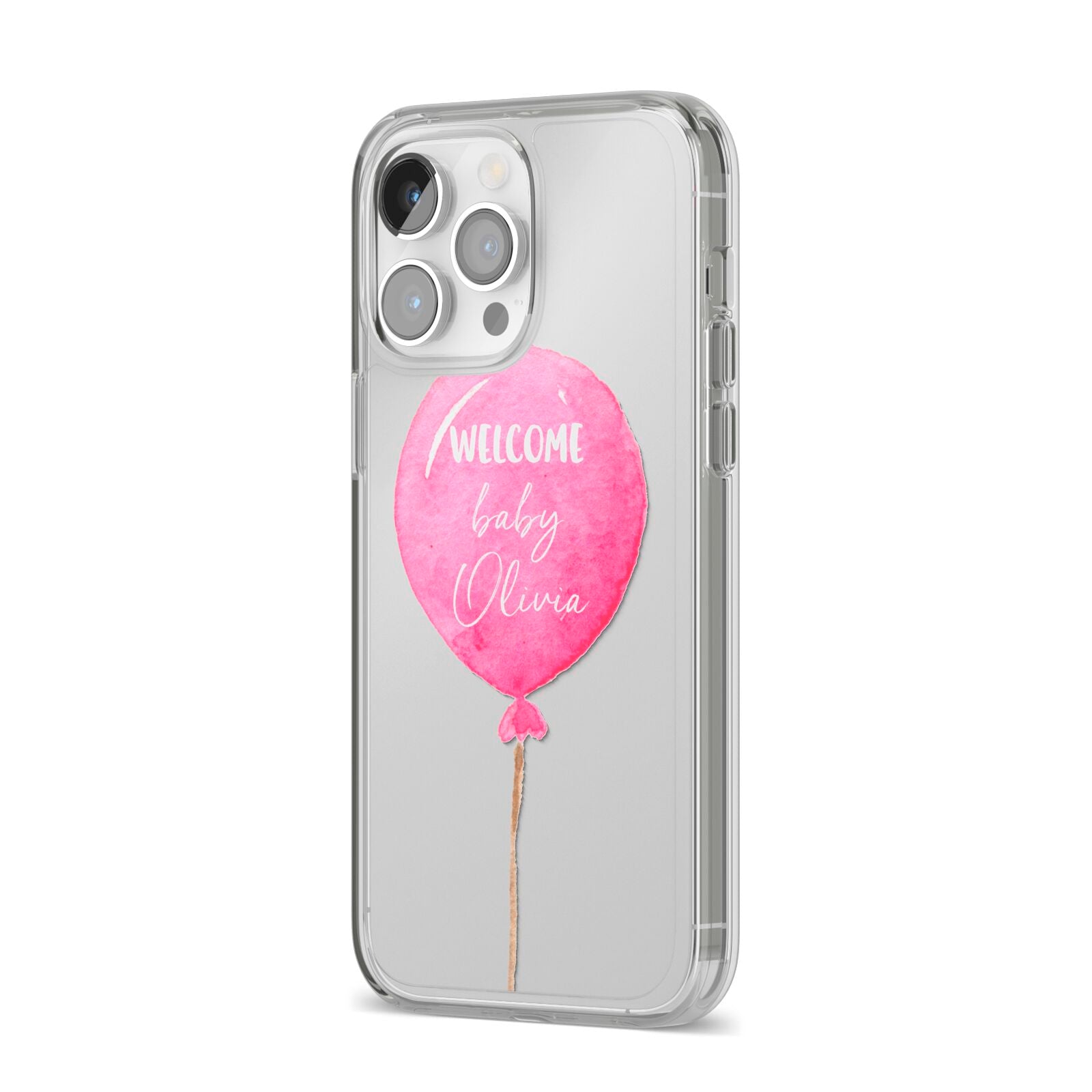 Welcome Baby Girl Balloon iPhone 14 Pro Max Clear Tough Case Silver Angled Image