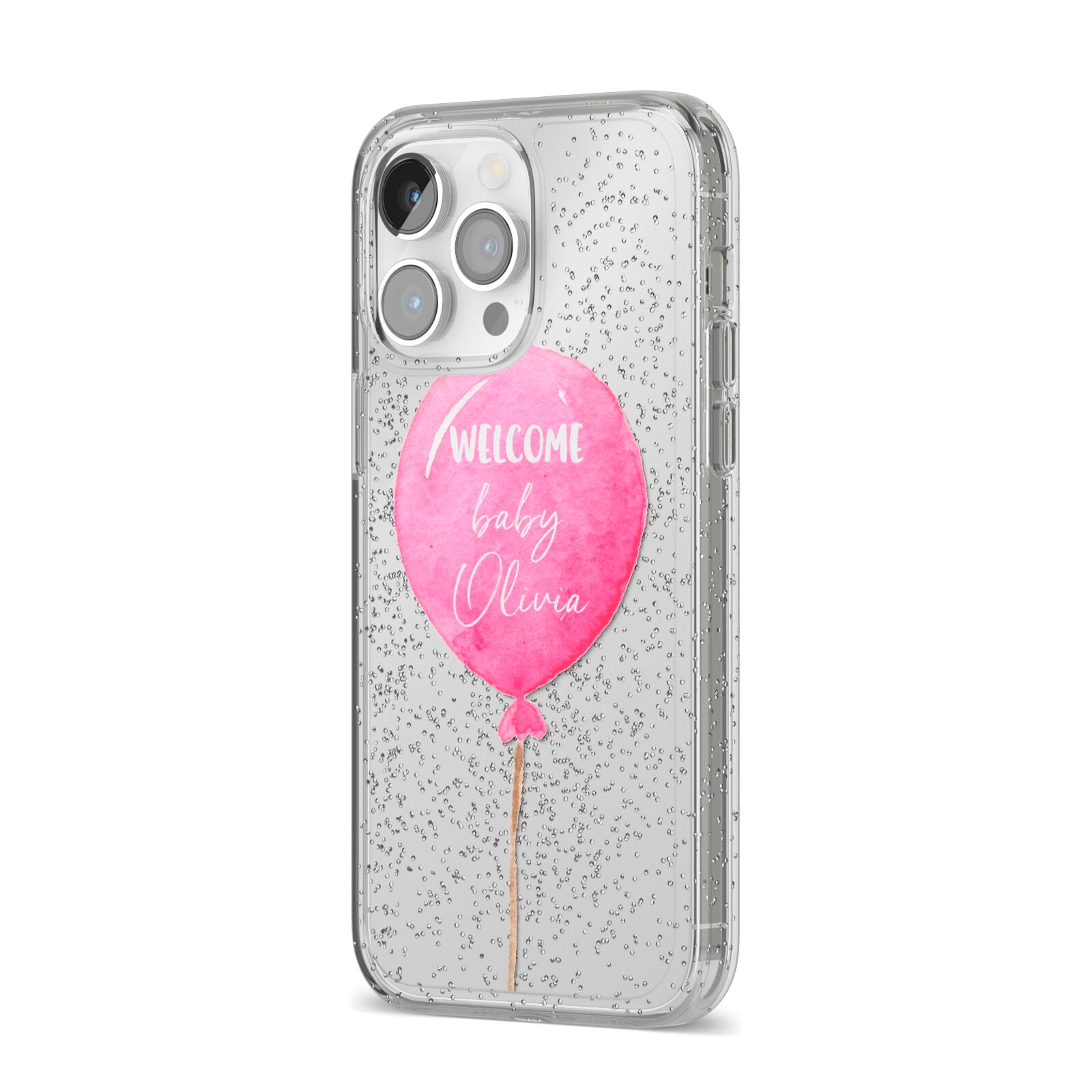 Welcome Baby Girl Balloon iPhone 14 Pro Max Glitter Tough Case Silver Angled Image