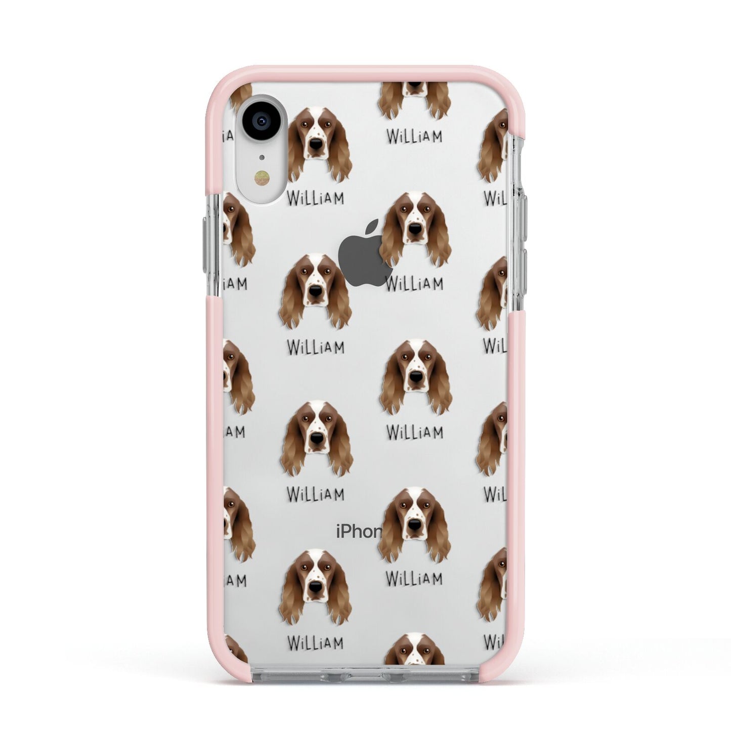 Welsh Springer Spaniel Icon with Name Apple iPhone XR Impact Case Pink Edge on Silver Phone