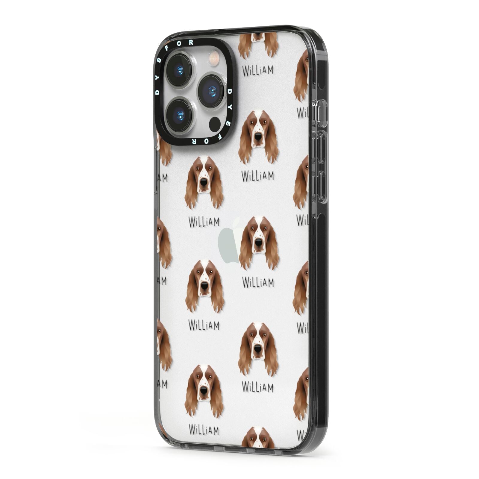 Welsh Springer Spaniel Icon with Name iPhone 13 Pro Max Black Impact Case Side Angle on Silver phone