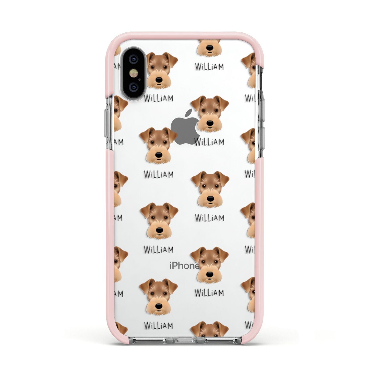 Welsh Terrier Icon with Name Apple iPhone Xs Impact Case Pink Edge on Silver Phone