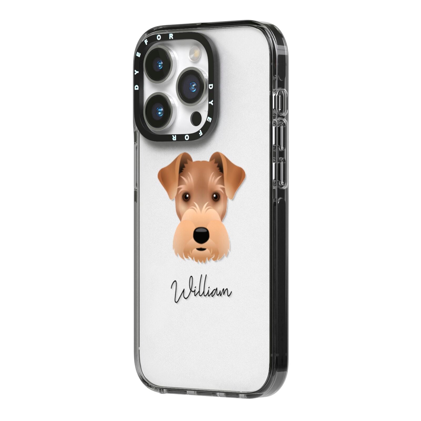 Welsh Terrier Personalised iPhone 14 Pro Black Impact Case Side Angle on Silver phone