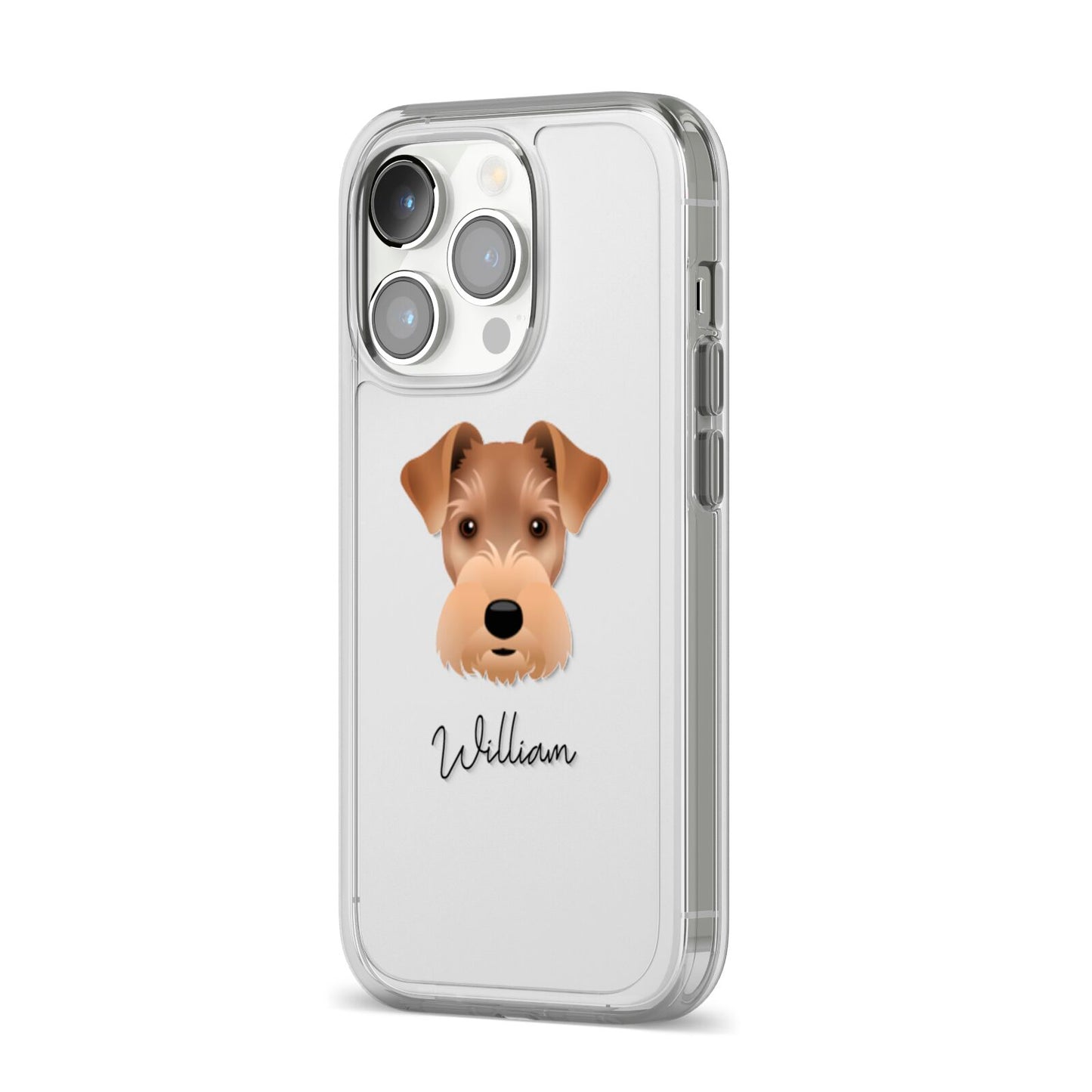 Welsh Terrier Personalised iPhone 14 Pro Clear Tough Case Silver Angled Image