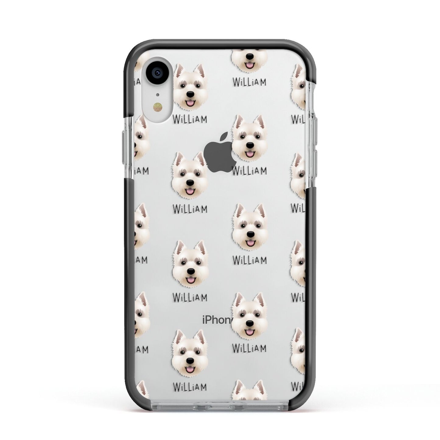 West Highland White Terrier Icon with Name Apple iPhone XR Impact Case Black Edge on Silver Phone