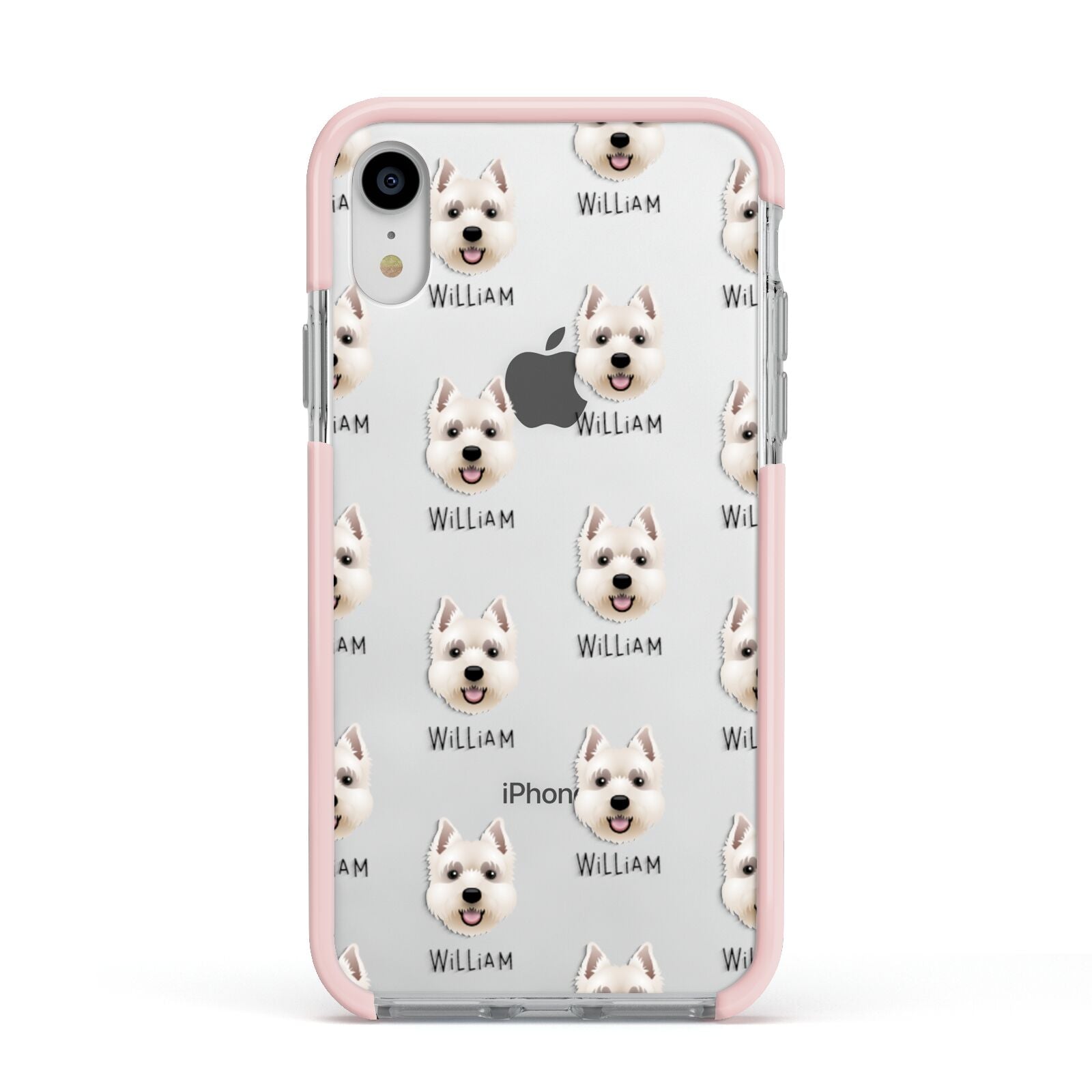 West Highland White Terrier Icon with Name Apple iPhone XR Impact Case Pink Edge on Silver Phone
