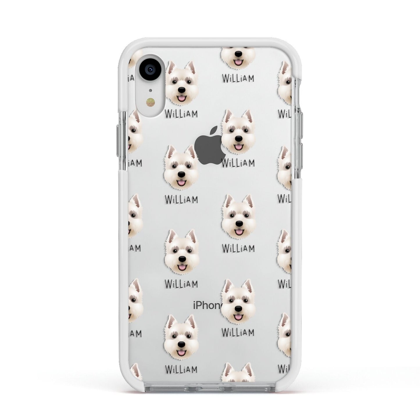 West Highland White Terrier Icon with Name Apple iPhone XR Impact Case White Edge on Silver Phone