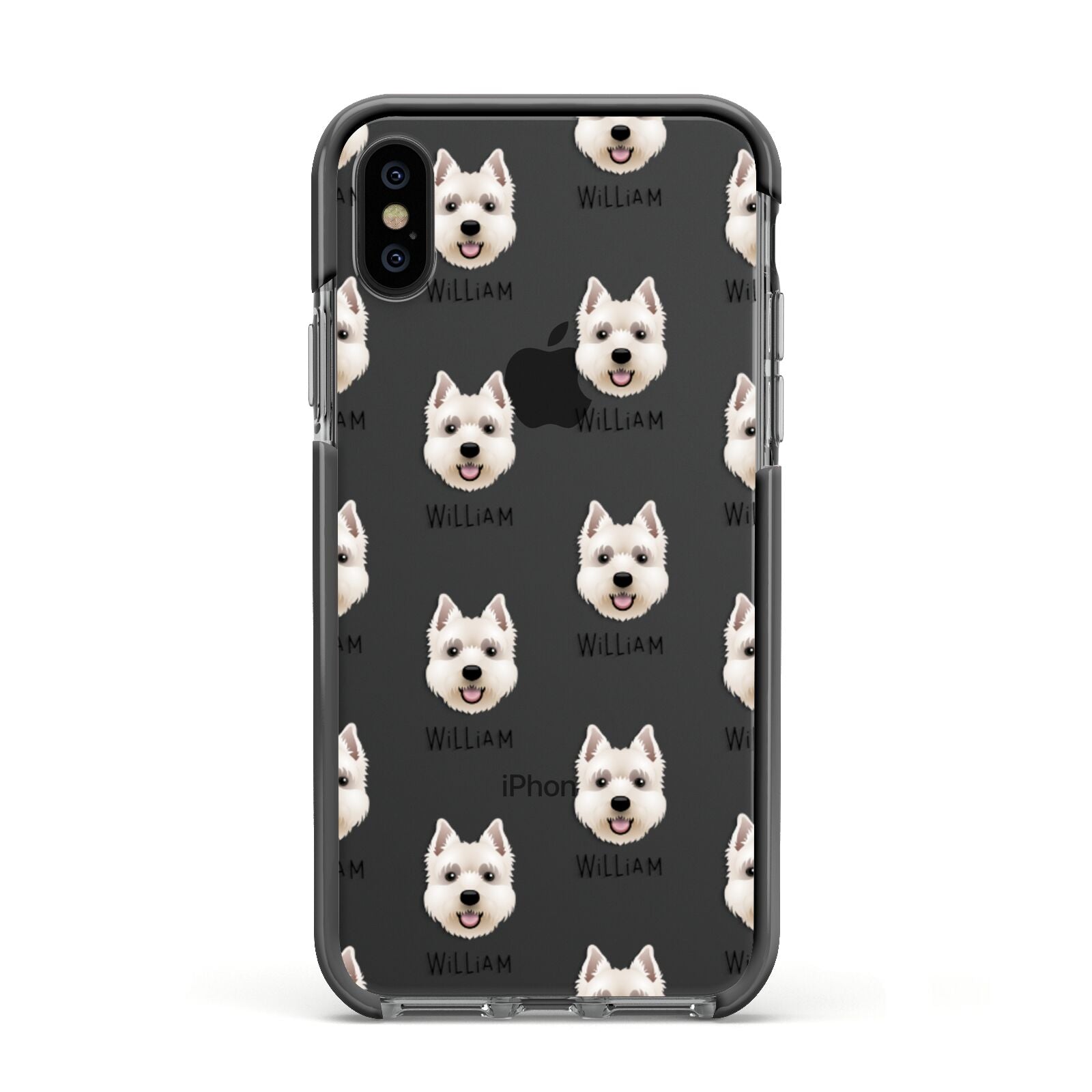 West Highland White Terrier Icon with Name Apple iPhone Xs Impact Case Black Edge on Black Phone