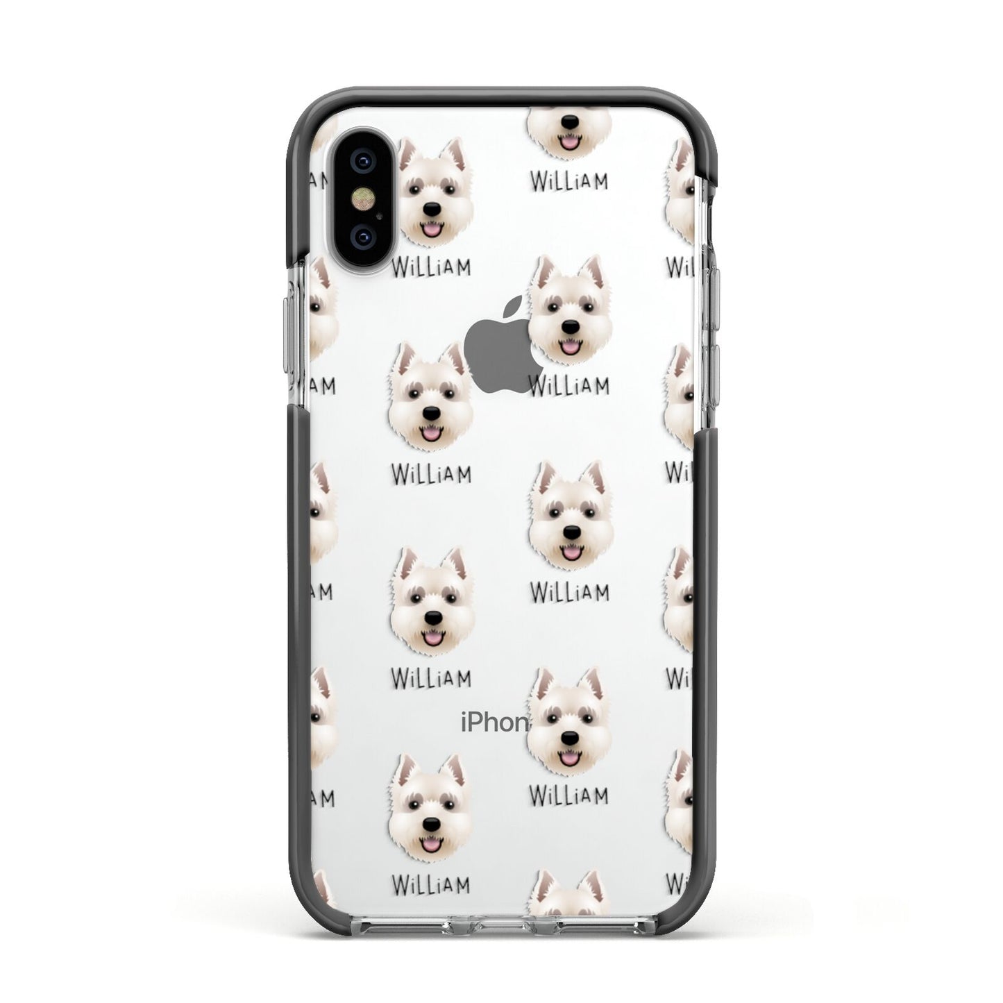 West Highland White Terrier Icon with Name Apple iPhone Xs Impact Case Black Edge on Silver Phone