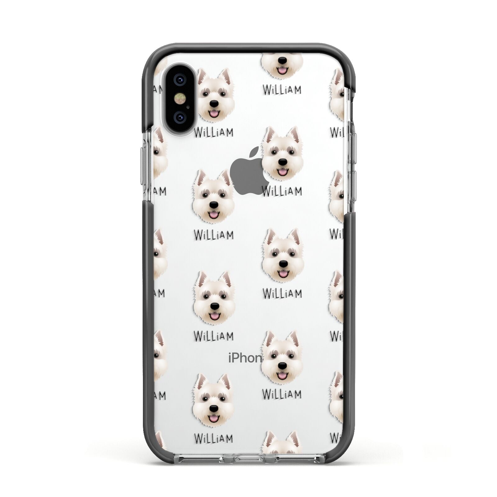 West Highland White Terrier Icon with Name Apple iPhone Xs Impact Case Black Edge on Silver Phone