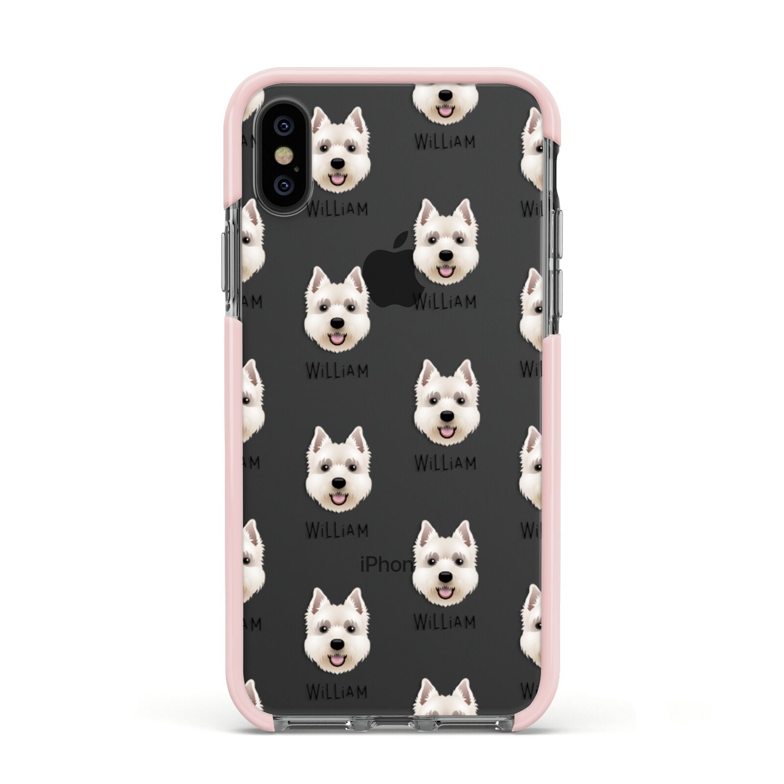 West Highland White Terrier Icon with Name Apple iPhone Xs Impact Case Pink Edge on Black Phone