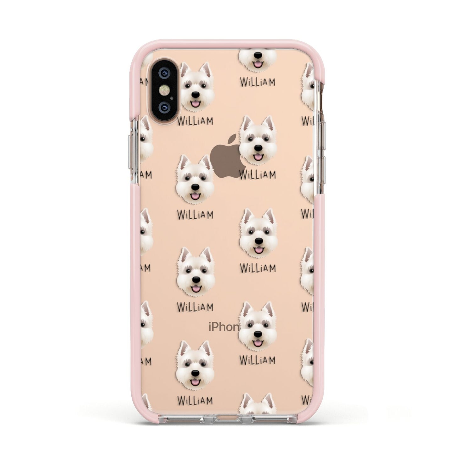 West Highland White Terrier Icon with Name Apple iPhone Xs Impact Case Pink Edge on Gold Phone