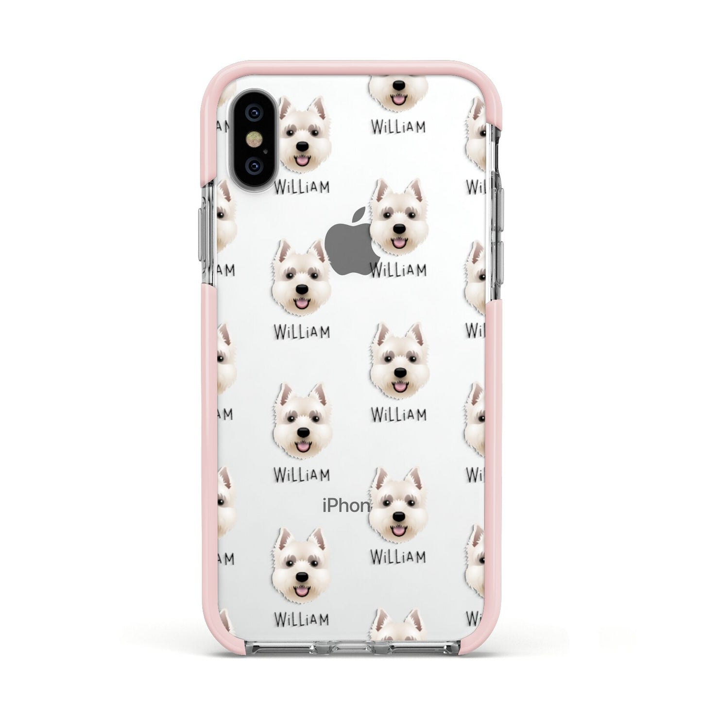 West Highland White Terrier Icon with Name Apple iPhone Xs Impact Case Pink Edge on Silver Phone