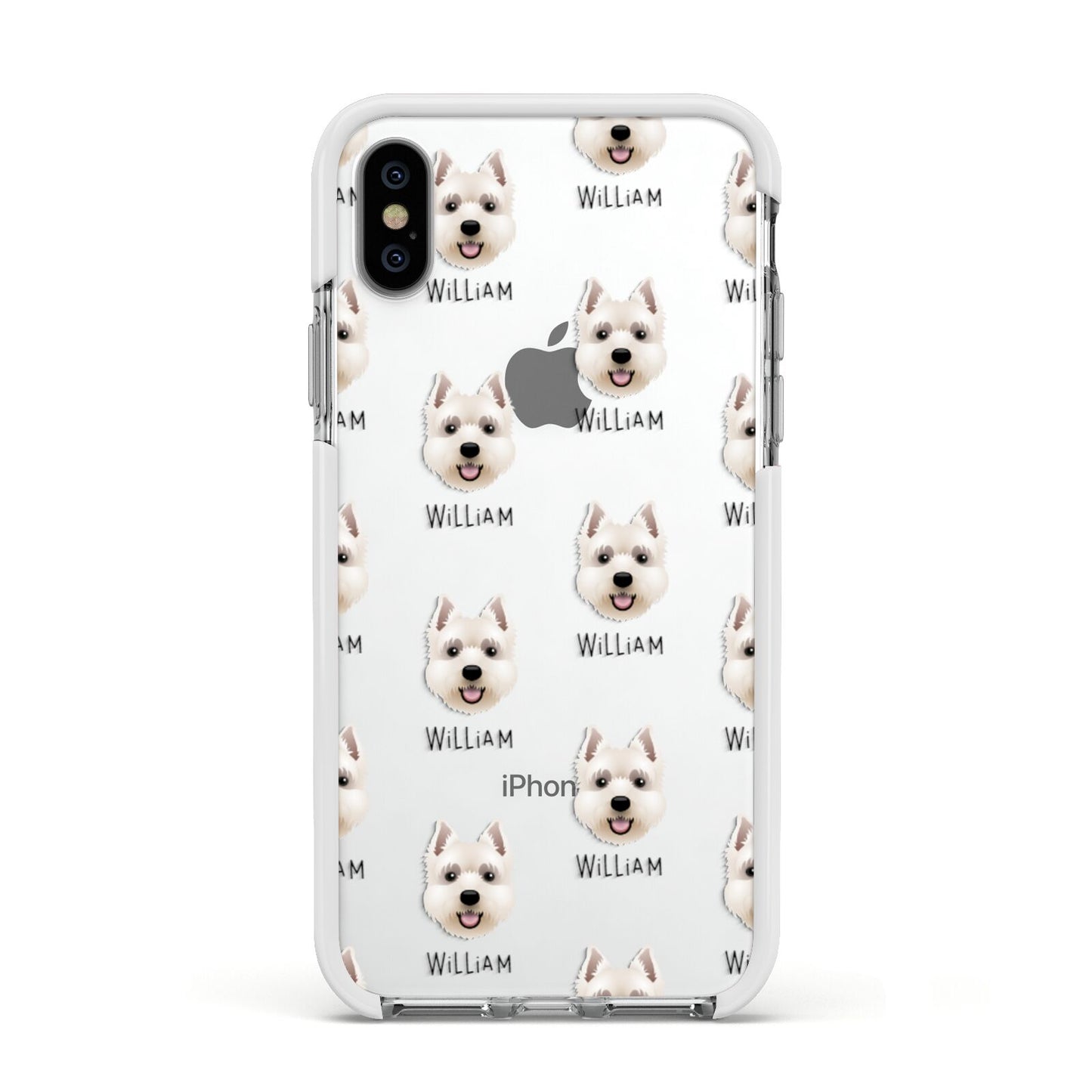 West Highland White Terrier Icon with Name Apple iPhone Xs Impact Case White Edge on Silver Phone