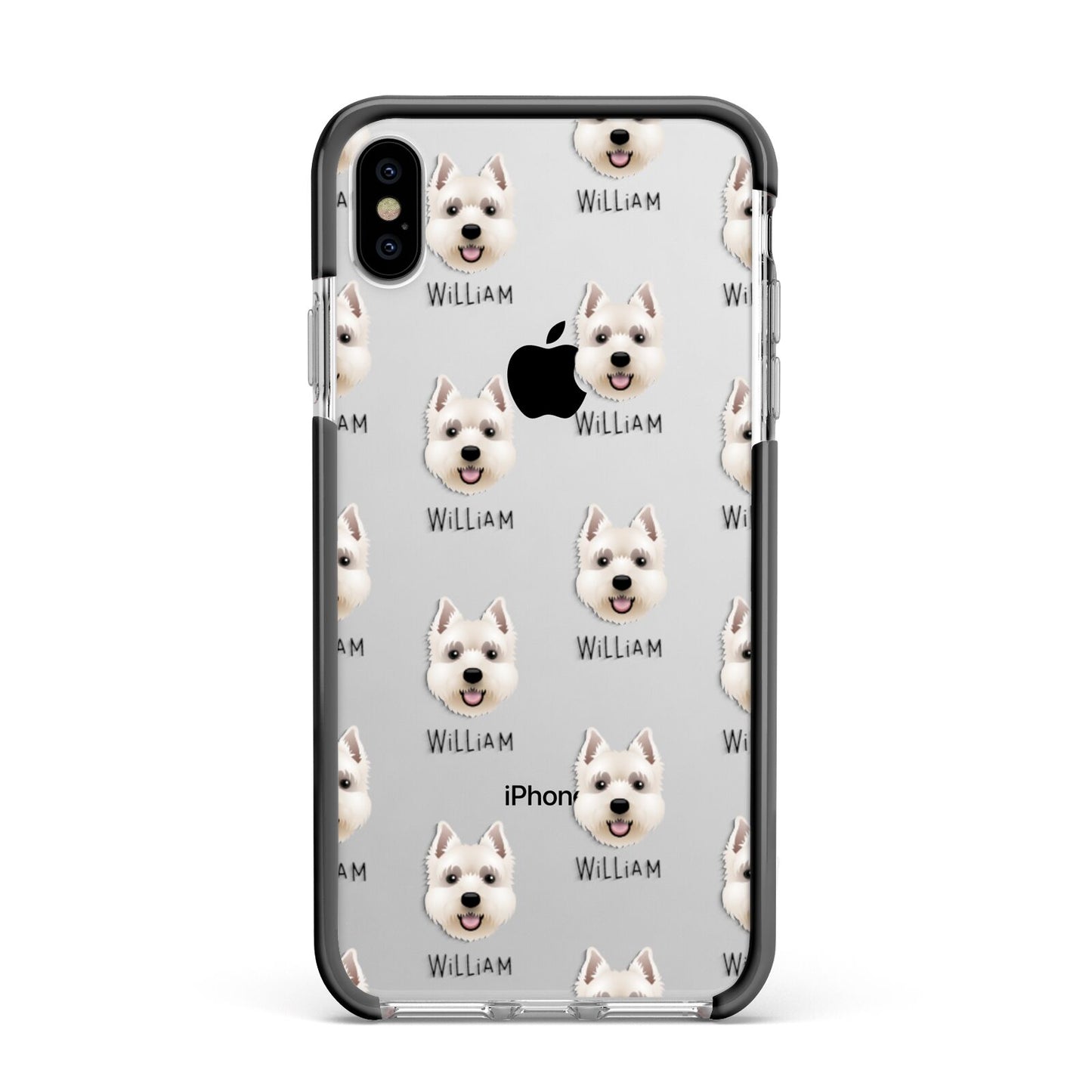 West Highland White Terrier Icon with Name Apple iPhone Xs Max Impact Case Black Edge on Silver Phone