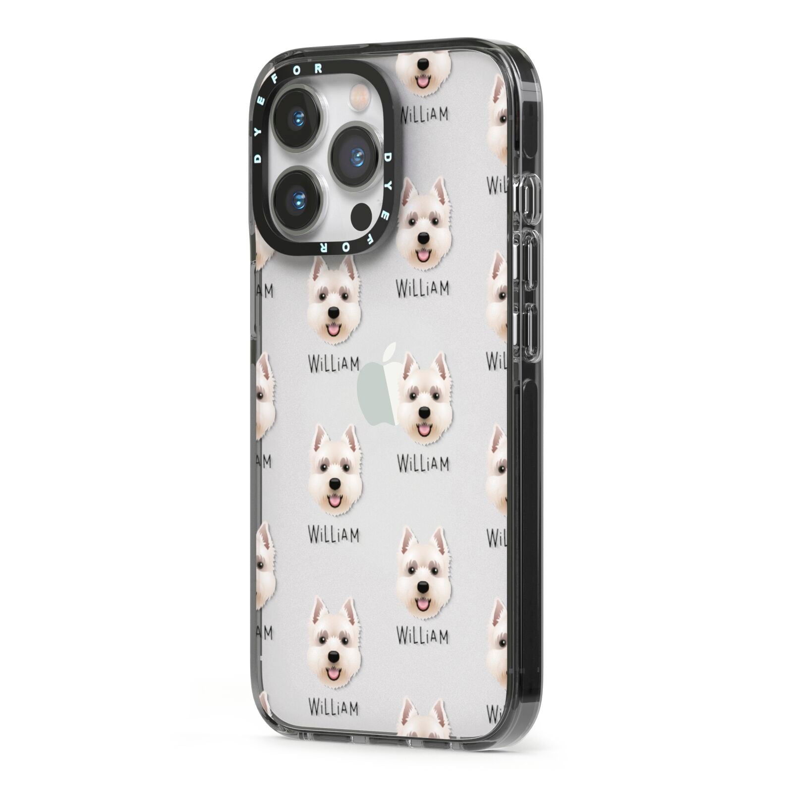 West Highland White Terrier Icon with Name iPhone 13 Pro Black Impact Case Side Angle on Silver phone