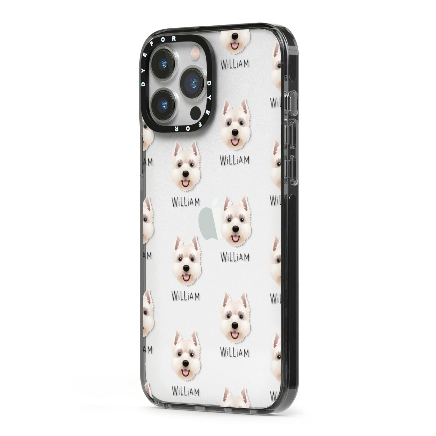 West Highland White Terrier Icon with Name iPhone 13 Pro Max Black Impact Case Side Angle on Silver phone