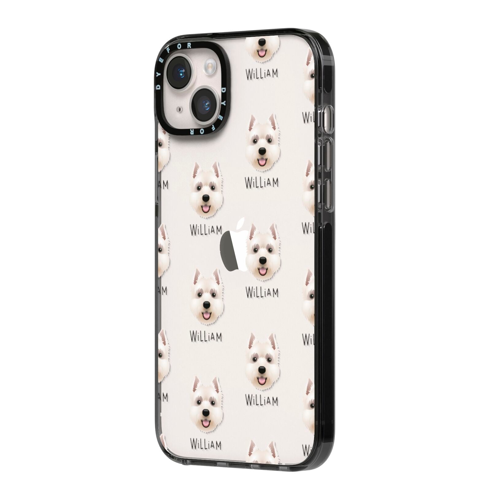 West Highland White Terrier Icon with Name iPhone 14 Plus Black Impact Case Side Angle on Silver phone
