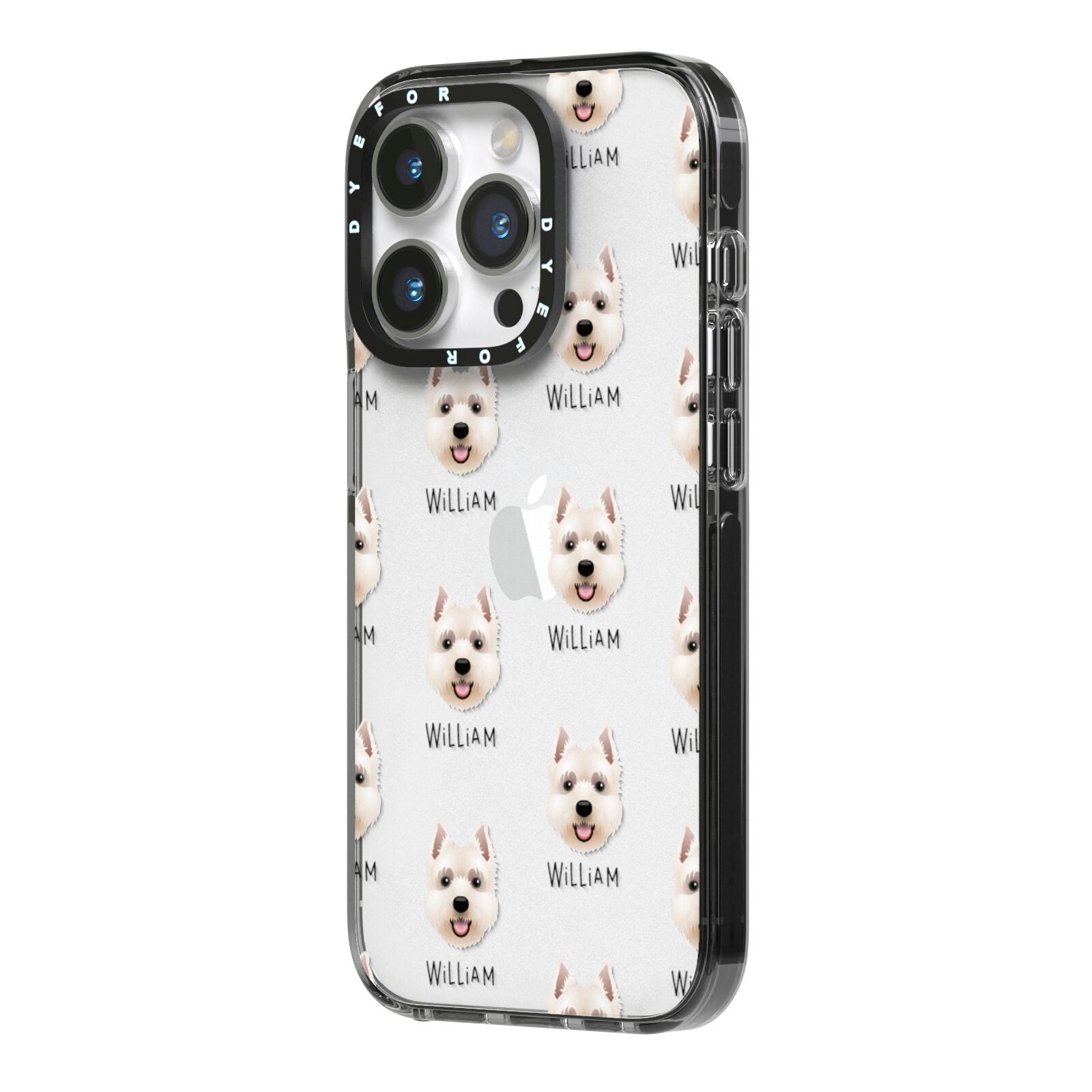West Highland White Terrier Icon with Name iPhone 14 Pro Black Impact Case Side Angle on Silver phone