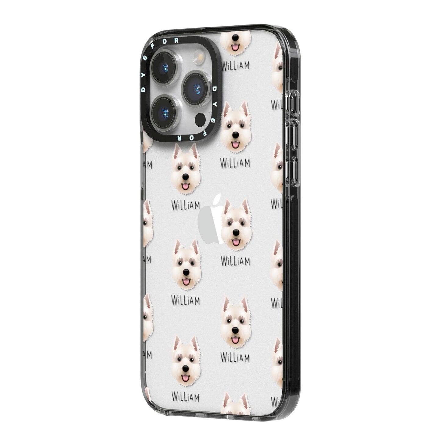 West Highland White Terrier Icon with Name iPhone 14 Pro Max Black Impact Case Side Angle on Silver phone