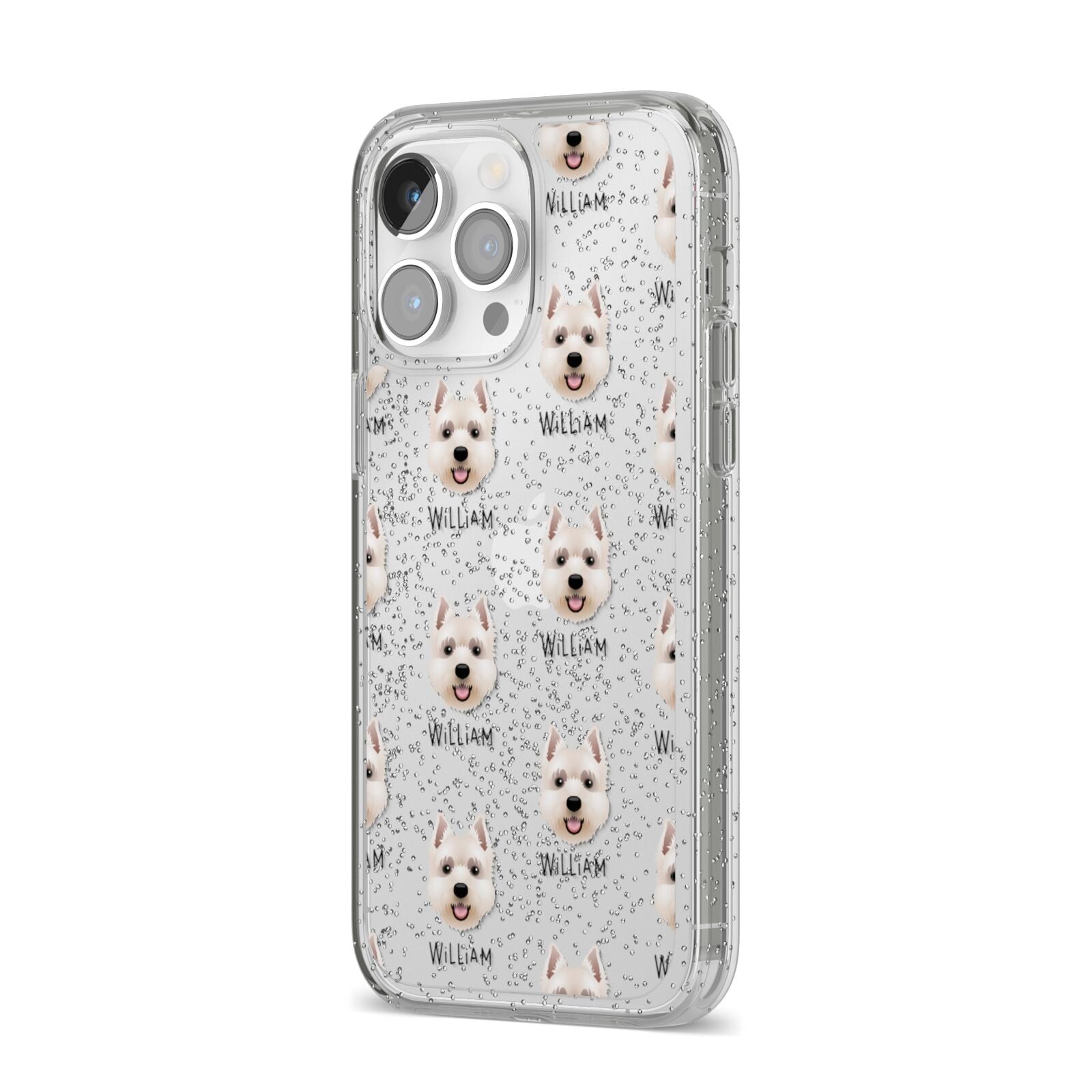 West Highland White Terrier Icon with Name iPhone 14 Pro Max Glitter Tough Case Silver Angled Image