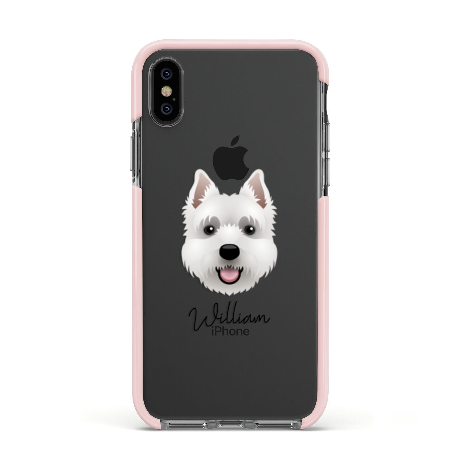 West Highland White Terrier Personalised Apple iPhone Xs Impact Case Pink Edge on Black Phone
