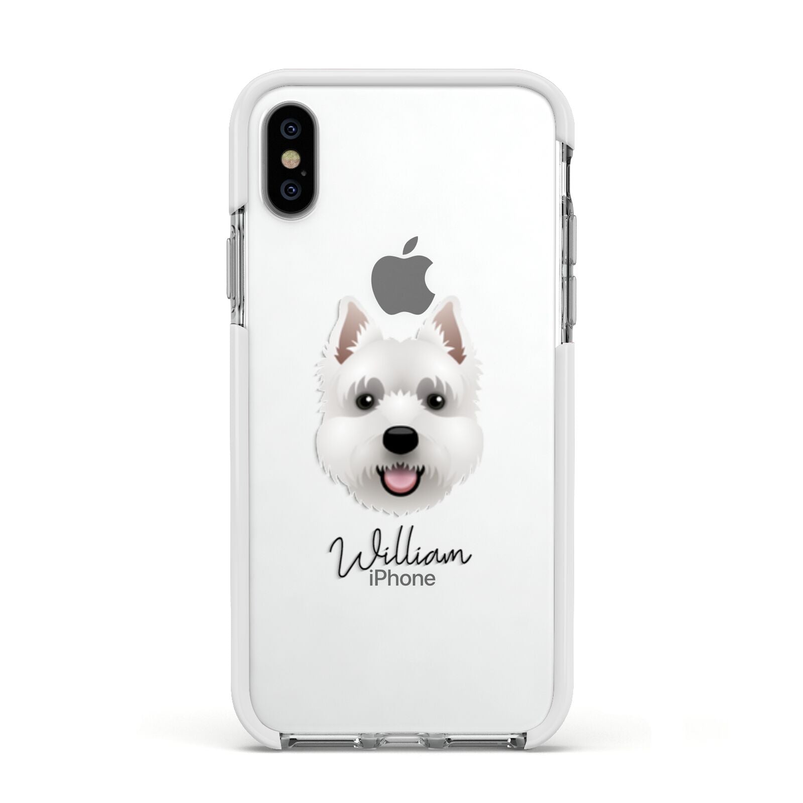 West Highland White Terrier Personalised Apple iPhone Xs Impact Case White Edge on Silver Phone