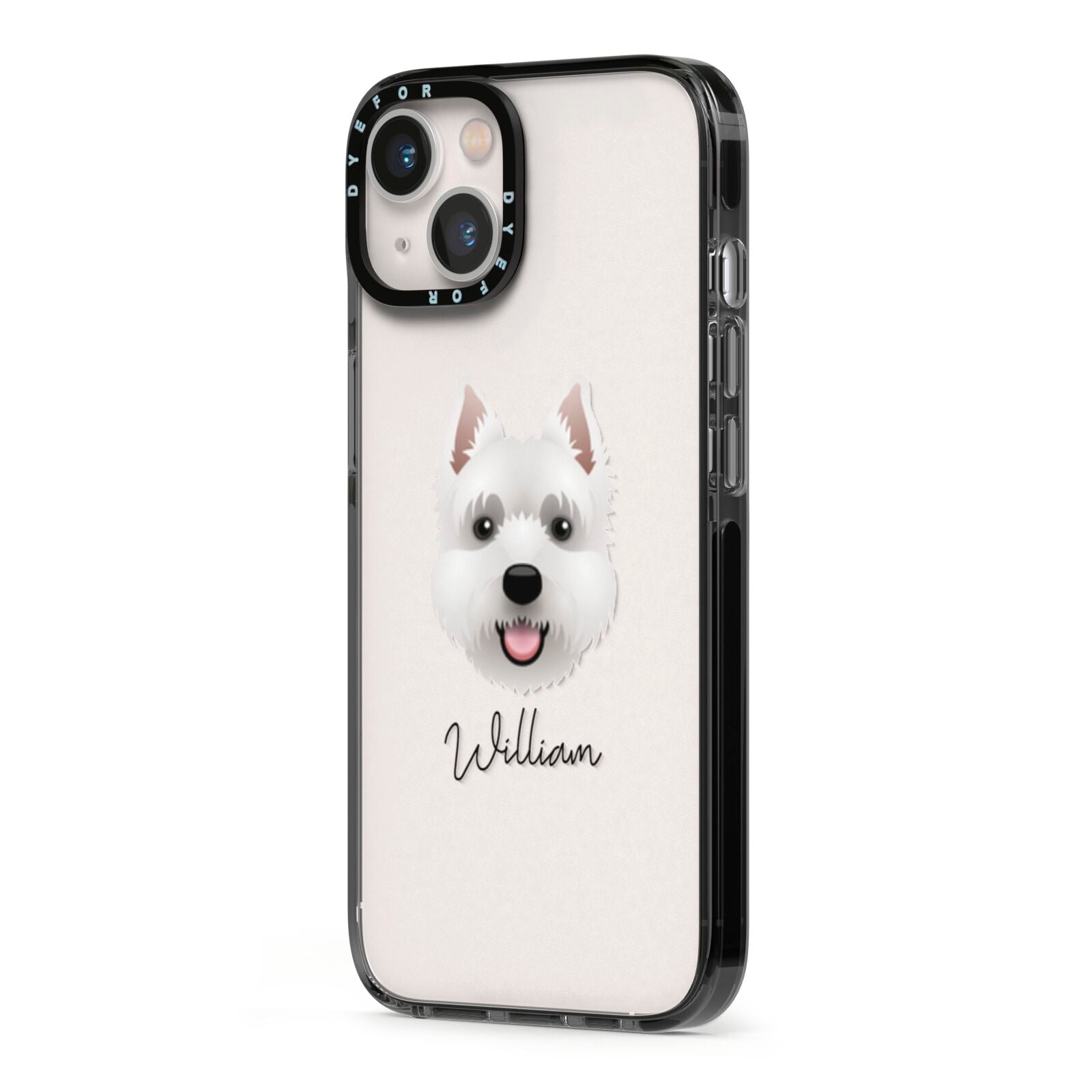 West Highland White Terrier Personalised iPhone 13 Black Impact Case Side Angle on Silver phone