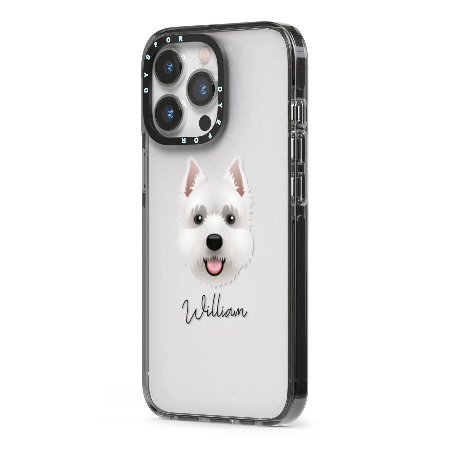 West Highland White Terrier Personalised iPhone 13 Pro Black Impact Case Side Angle on Silver phone