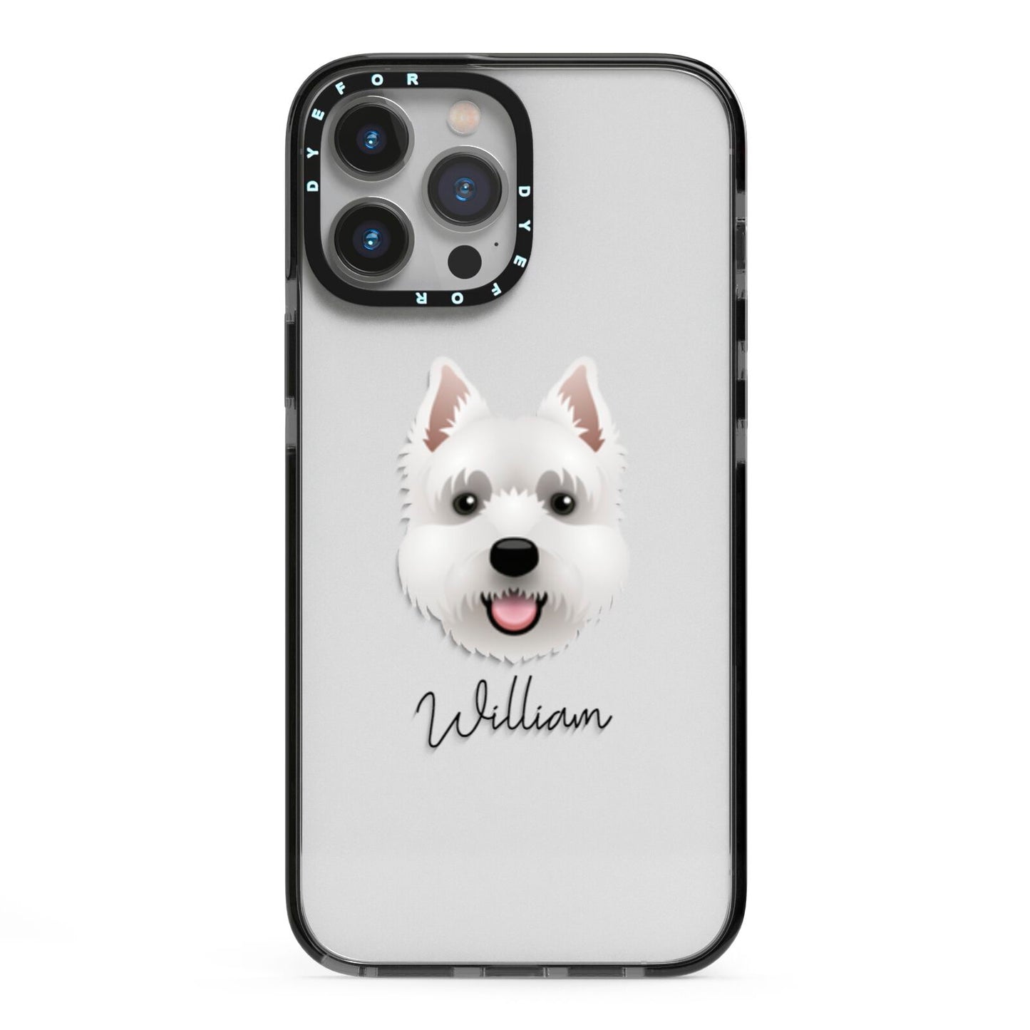 West Highland White Terrier Personalised iPhone 13 Pro Max Black Impact Case on Silver phone